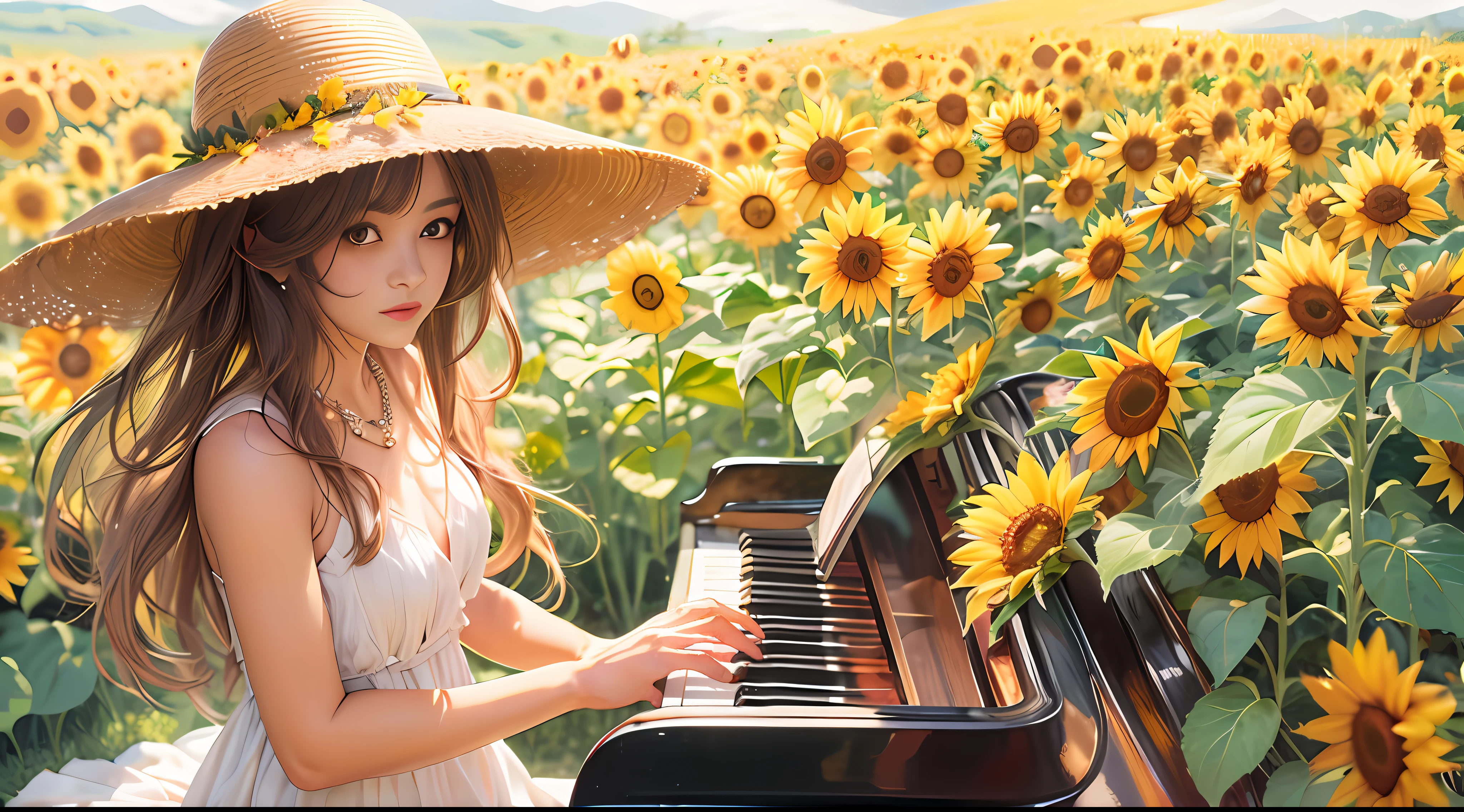 (oil painted:1.2),Kizi,Sit on the piano solo, florals, Light wind, signed, Sunflower fields, Brown hair, Long micro hair, Black colored eyes, sideface, Long white dress,Wearing a photo hat,rays of sunshine