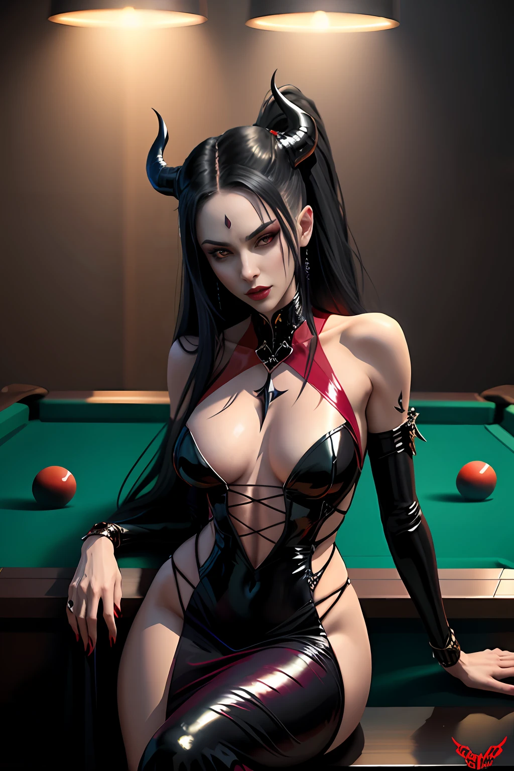 Dominant demonic woman with red eyes and red wings sitting at a pool table, Beautiful succubus with a perfect body, succubus | medieval, succubus, devils, female vampire, Beautiful elegant demon queen, Succubus quente em um vestido curto apertado mostrando muita pele, Portrait of a female demon in a lewd pose, mas orgulhosa, Lasombra Vampire Clan, diablo 4 lilith, mara demon, geisha demon, no estilo de Anne Stokes, perfectly proportioned physique. (:1.3),, (Naugthy:1.3)
