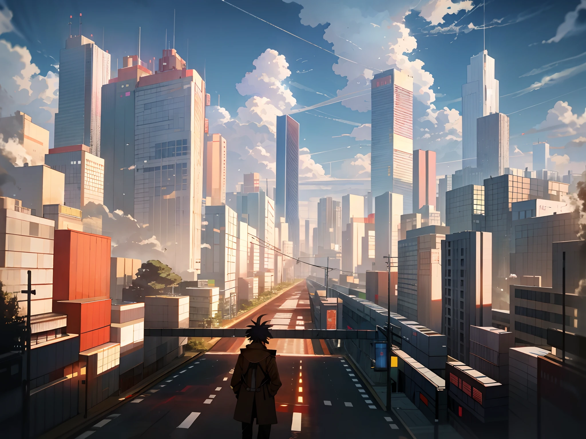 The back of the person，waving hands，Flying trench coat，Tall buildings on both sides of the road，Electronic screens everywhere，Hot-blooded anime，toyko，cyber punk perssonage，cloudless sky，sunshine，The flat road leads into the distance，quadratic element