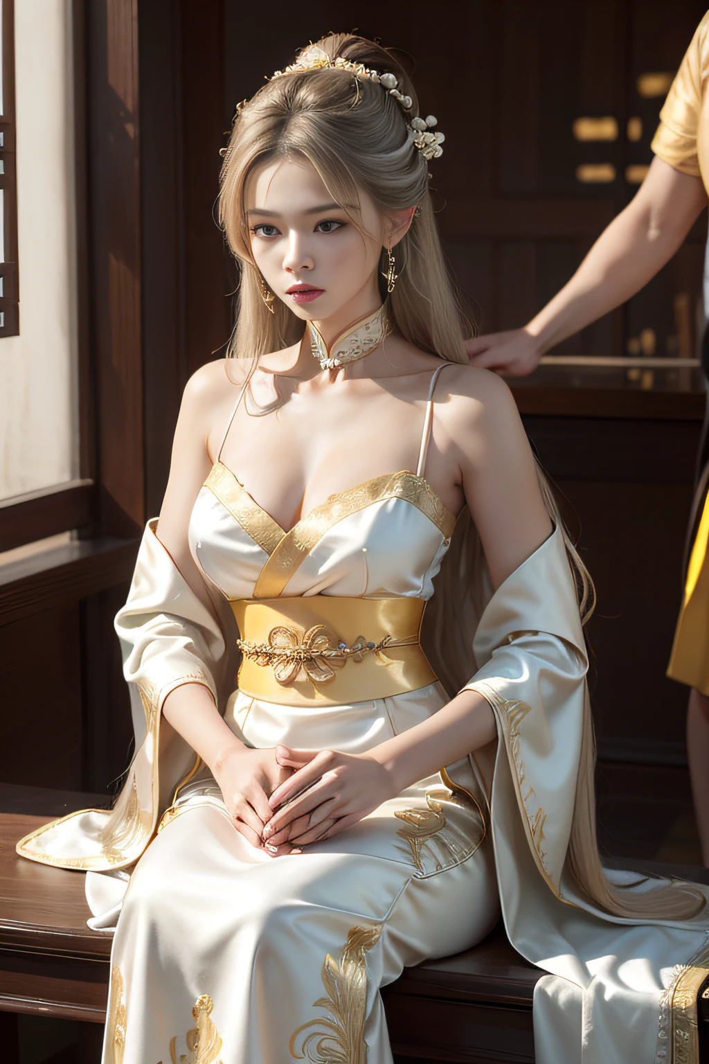 finedetail, Surreal photo,
one-girl,cabelos preto e longos,Dressed gorgeously,Dress nobly,Noble robes,nobles,Embroidery,Weaving gold,Yellow and white hanfu,,exposed bare shoulders,Smooth shoulders,
Chinese Ancient Architecture,Ancient Chinese palaces,Ancient Chinese royal palace,Ancient Chinese palaces,