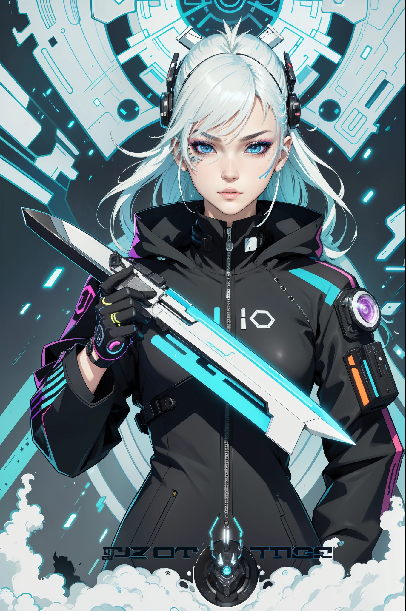 afofuturism,cyber punk style,Kizi,A high resolution,HighestQuali,illustratio,ultra - detailed,(详细的脸),(Detailed eyes),holding a knife,In the city,Face,multicolour hair,(Clear facial features,detailed skin textures,Nice face)