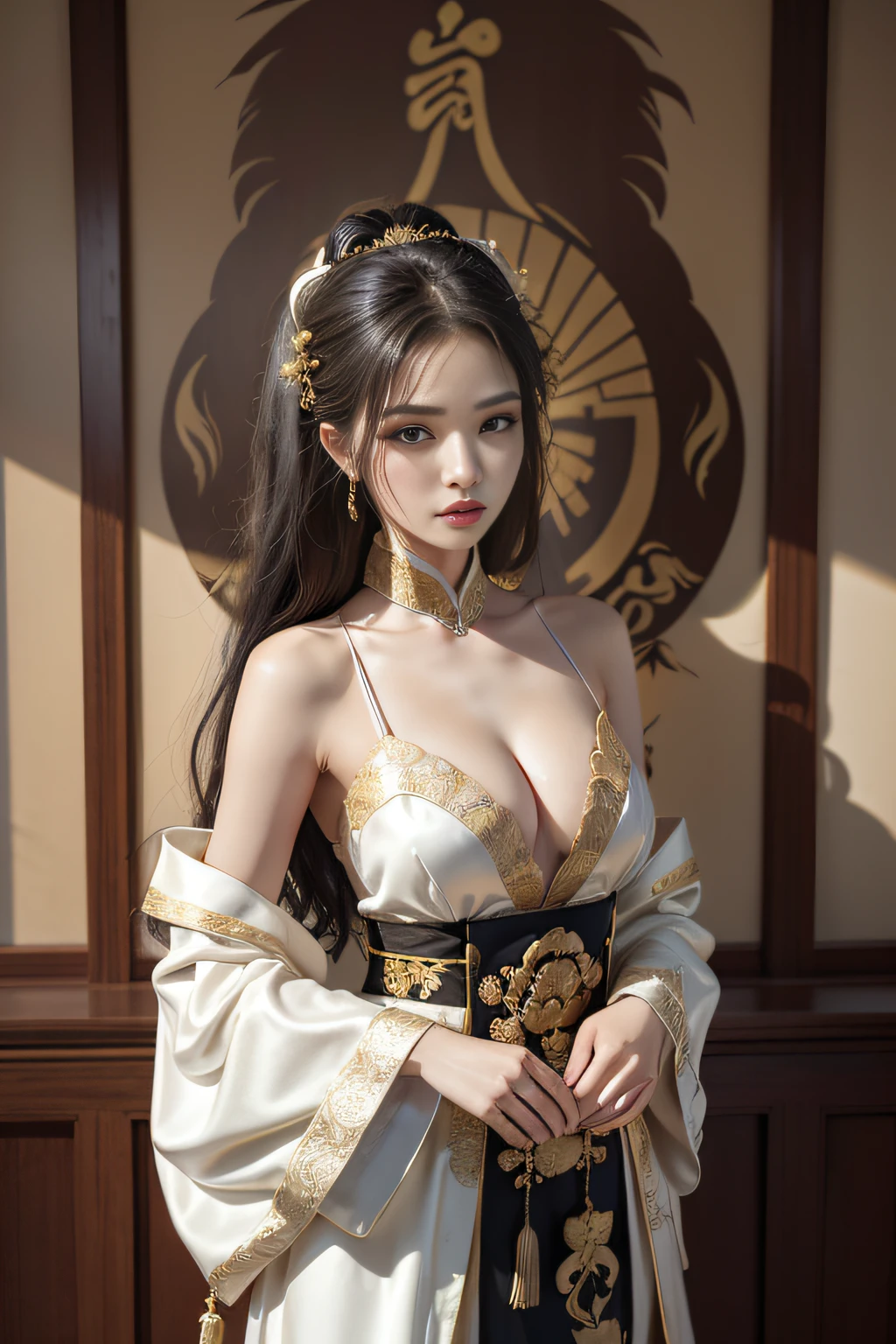 finedetail, Surreal photo,
one-girl,cabelos preto e longos,Dressed gorgeously,Dress nobly,Noble robes,nobles,Embroidery,Weaving gold,Yellow and white hanfu,,exposed bare shoulders,Smooth shoulders,
Chinese Ancient Architecture,Ancient Chinese palaces,Ancient Chinese royal palace,Ancient Chinese palaces,