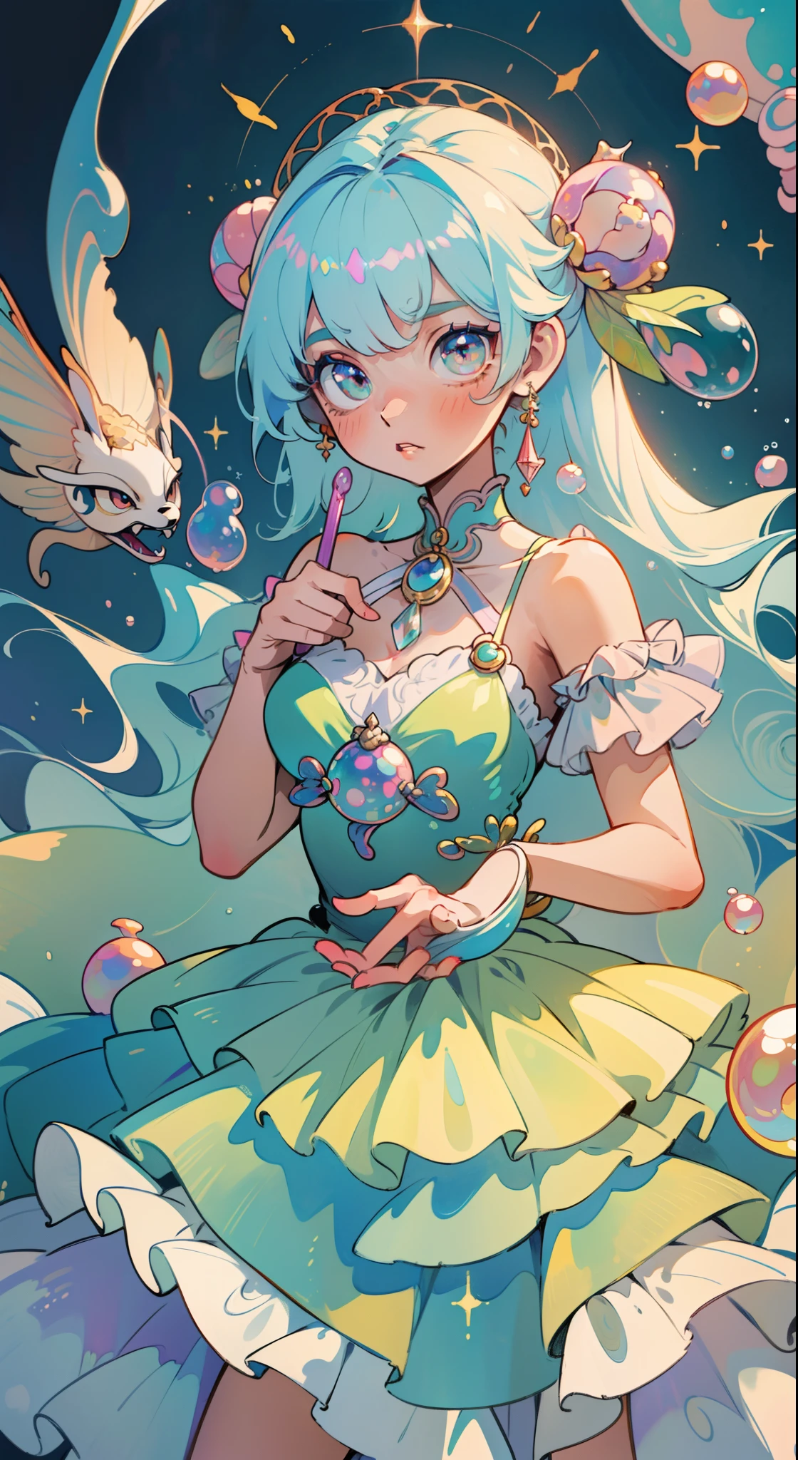 masterpiece, best quality, 8k resolution, sharp focus, intricate detail, beautiful girl, sparkling eyes, golden ratio face, otherworldly liquid, watercolor, pastel colors, bright colors, whimsical, colorful, sharp focus, high resolution, fine detail, ((layered tiered ballgown)), ((round eyes)), iridescent bubbles, fantasia background
