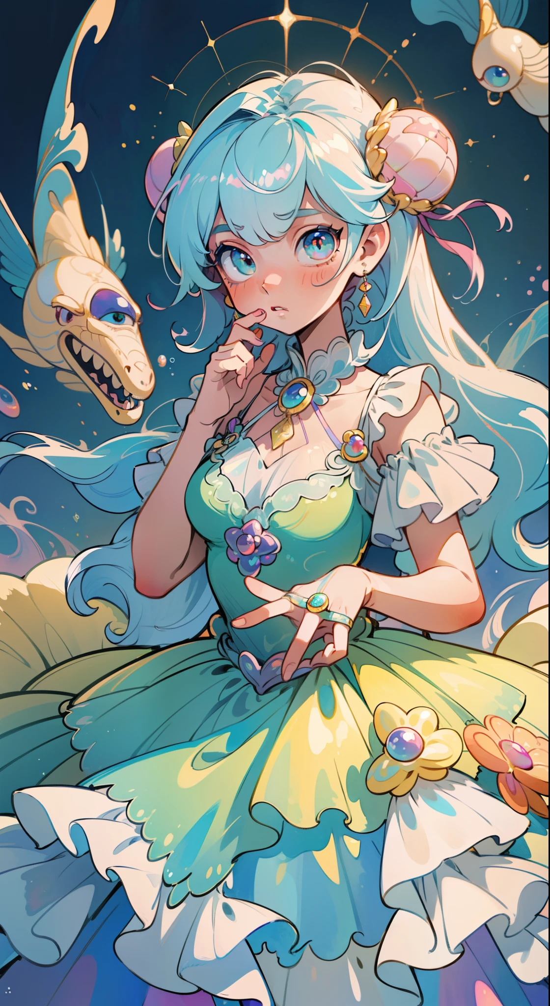 masterpiece, best quality, 8k resolution, sharp focus, intricate detail, beautiful girl, sparkling eyes, golden ratio face, otherworldly liquid, watercolor, pastel colors, bright colors, whimsical, colorful, sharp focus, high resolution, fine detail, ((layered tiered ballgown)), ((round eyes)), iridescent bubbles, fantasia background