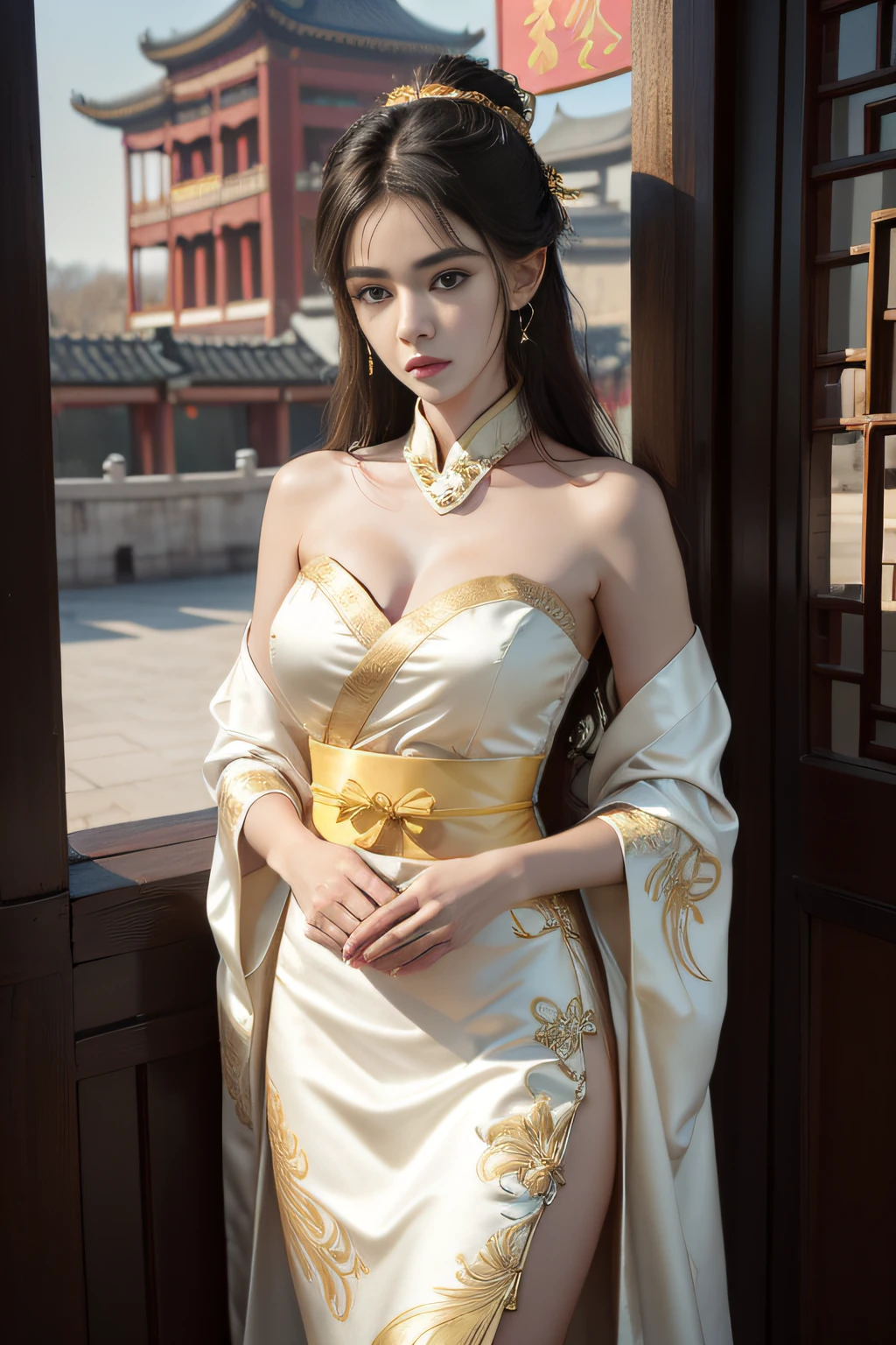 finedetail, Surreal photo,
one-girl,cabelos preto e longos,Dressed gorgeously,Dress nobly,Noble robes,nobles,Embroidery,Weaving gold,Yellow and white hanfu,,exposed bare shoulders,Smooth shoulders,
Chinese Ancient Architecture,Ancient Chinese palaces,Ancient Chinese royal palace,Ancient Chinese palaces,