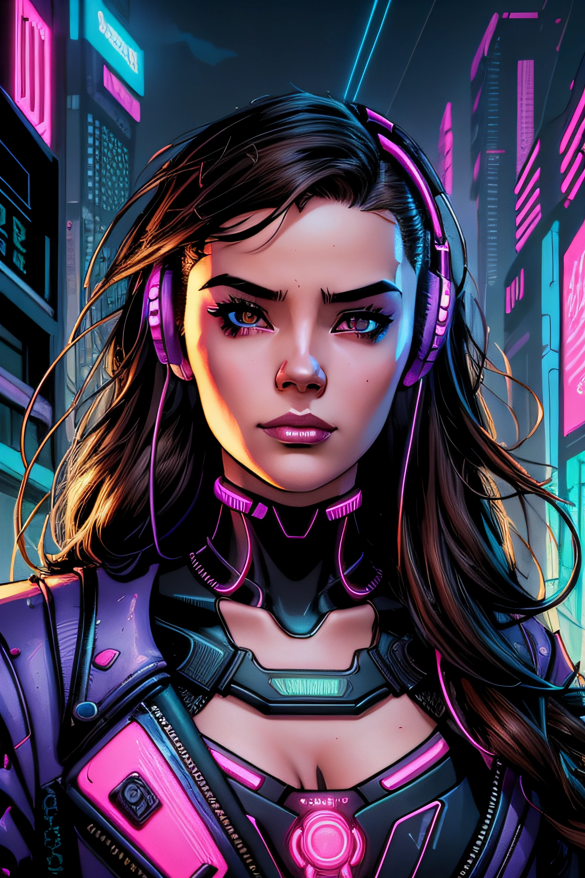 Girl with messy long black hair and brown eyes, vibrant brown eyes, with headphones in Neon City at night, RossDraw Vibrant Cartoon, digital cyberpunk anime art, cyberpunk art style, glowwave girl portrait, bright cyberpunk glow, cyberpunk anime art, Ross Tran 8 K, Cyberpunk Artstyle, Wojtek Fus, cyberpunk anime art, Lois van Baarle and Rossdraws, the portrait of cyberpunk girl, Neon Cyberpunk, Jen Bartel