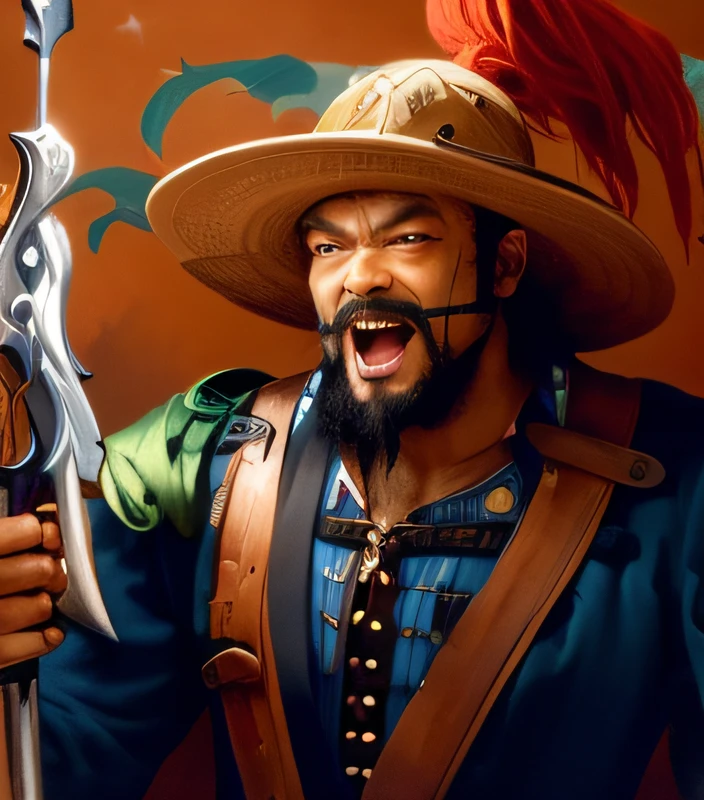 Loud man with hat and sword in hand