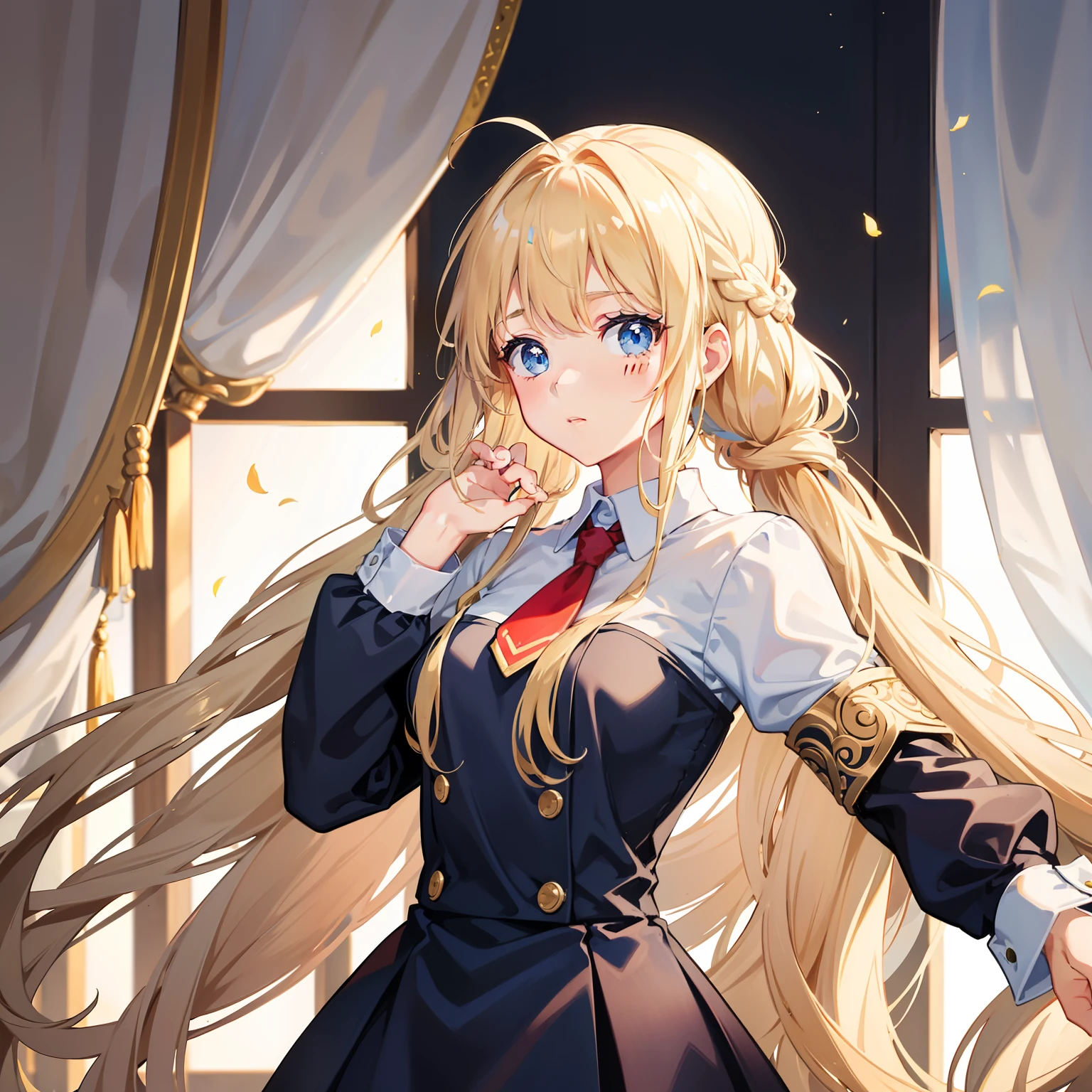 She has a golden braid tied in front of her body,Divide into two strands,Tie up like a twist,The hair curtain is only messy,It gives an approachable feel,A pair of sky blue eyes,Just right,It looks pitiful,Girl in school uniform,