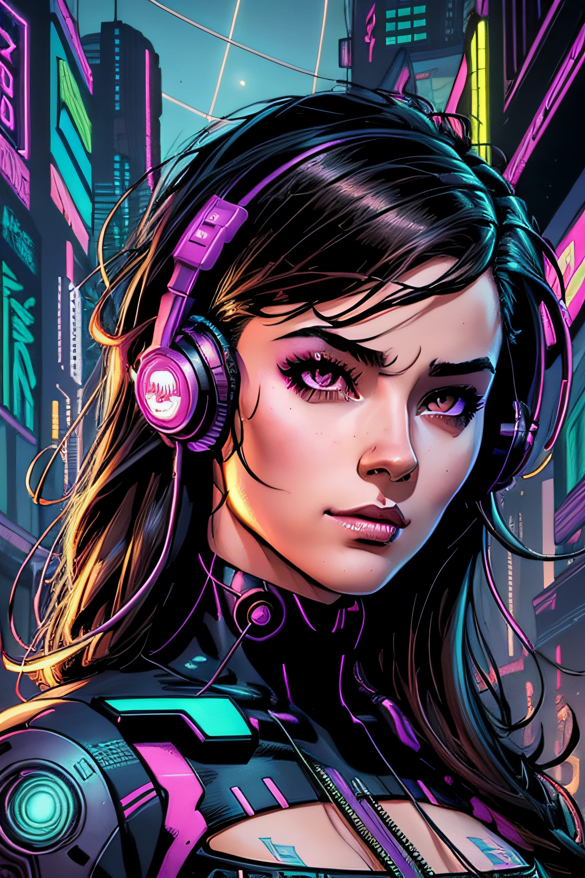 Girl with messy long black hair and brown eyes, vibrant brown eyes, with headphones in Neon City at night, RossDraw Vibrant Cartoon, digital cyberpunk anime art, cyberpunk art style, glowwave girl portrait, bright cyberpunk glow, cyberpunk anime art, Ross Tran 8 K, Cyberpunk Artstyle, Wojtek Fus, cyberpunk anime art, Lois van Baarle and Rossdraws, the portrait of cyberpunk girl, Neon Cyberpunk, Jen Bartel