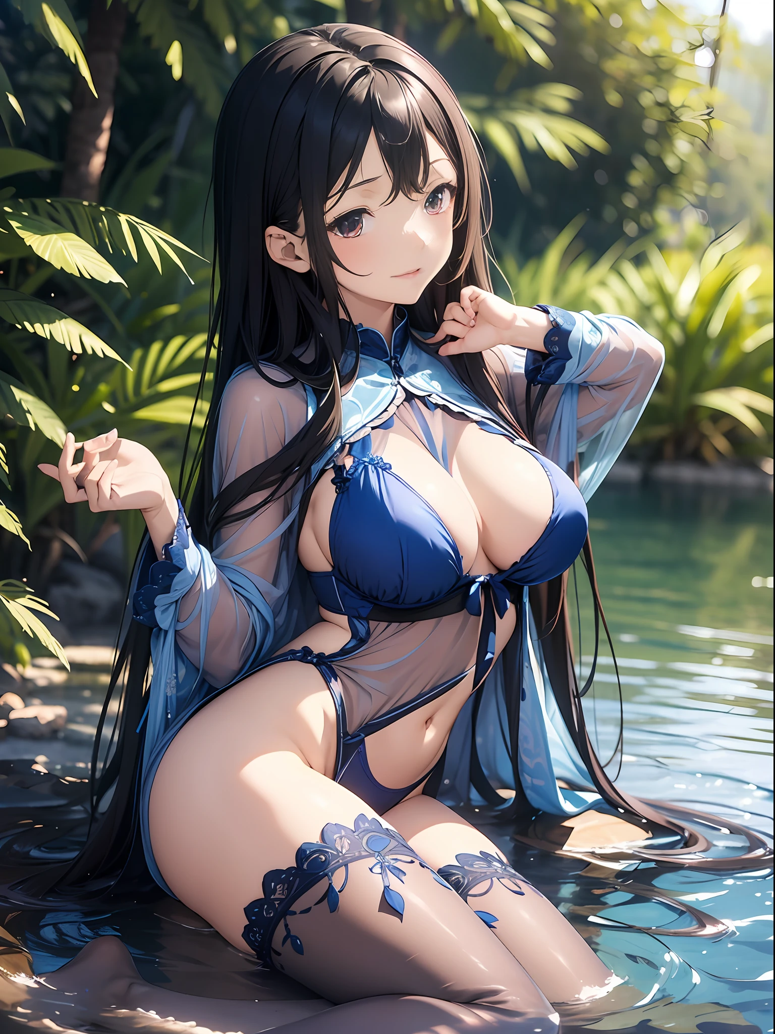 15
（Enrich the picture，Masterpiece level quality）Beautiful 8K CG artwork，Goddess-like posture，sittinng on the river，Postural exercises，Slim and soft，Translucent skin，Blue-black hair、The beauty of extra-long hair, Super Long Straight Hair，The skin is fair and juicy，Big breasts underwear uniform，Perspective Part 1.2x enhanced silhouette effect，Exquisite transparent blues pattern in pajamas，The details are intricate and exquisite，The background is slightly blurred，Charming and lustful leg seduction，Drool，J cup oversized big breasts，Blush，Japan goddess，Perfect body slim curves，Scene by the sea，