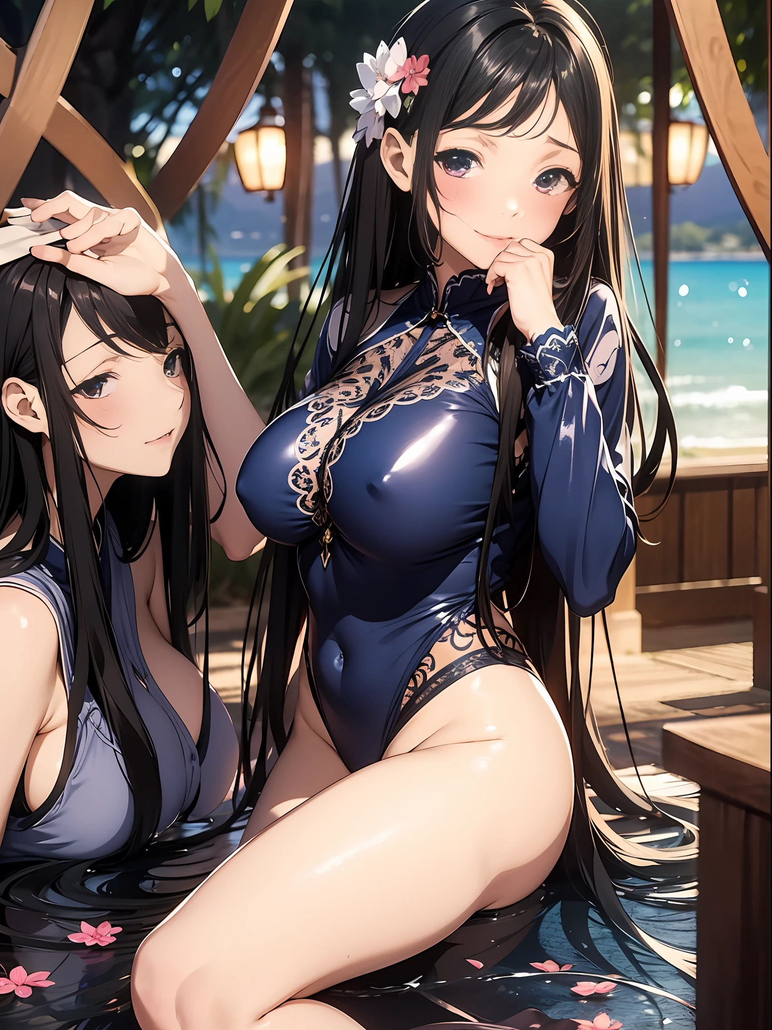 15
（Enrich the picture，Masterpiece level quality）Beautiful 8K CG artwork，Goddess-like posture，sittinng on the river，Postural exercises，Slim and soft，Translucent skin，Blue-black hair、The beauty of extra-long hair, Super Long Straight Hair，The skin is fair and juicy，Big breasts underwear uniform，Perspective Part 1.2x enhanced silhouette effect，Exquisite transparent blues pattern in pajamas，The details are intricate and exquisite，The background is slightly blurred，Charming and lustful leg seduction，Drool，J cup oversized big breasts，Blush，Japan goddess，Perfect body slim curves，Scene by the sea，