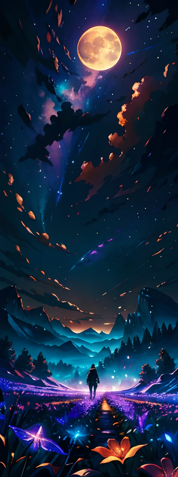 expansive landscape photograph , (a view from below that shows sky above and open field below), a girl standing on flower field looking up, (full moon:1.2), ( shooting stars:0.9), (nebula:1.3), distant mountain, tree BREAK
production art, (warm light source:1.2), (Firefly:1.2), lamp, lot of purple and orange, intricate details, volumetric lighting BREAK
(masterpiece:1.2), (best quality), 4k, ultra-detailed, (dynamic composition:1.4), highly detailed, colorful details,( iridescent colors:1.2), (glowing lighting, atmospheric lighting), dreamy, magical, (solo:1.2)