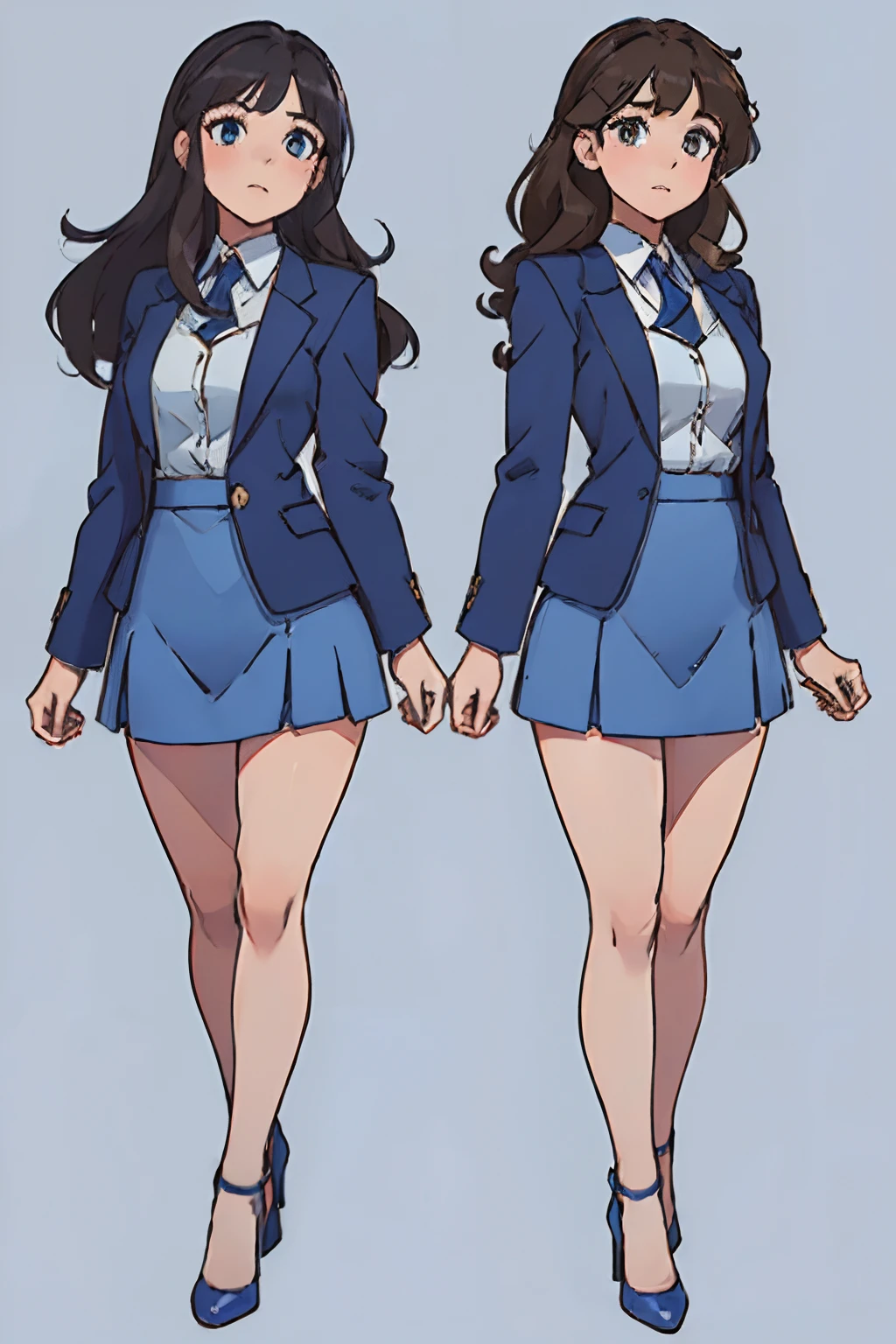 ((masterpiece, best quality, 8k, highres:1.2)), blue skirt suit, highleg, hazel eyes, blue blazer, blue pencil skirt, bare legs, black high heels, (brown hair, curly hair, long hair), (2girls, duo, twins, clones), ((matching hairstyles, matching faces, matching outfits))