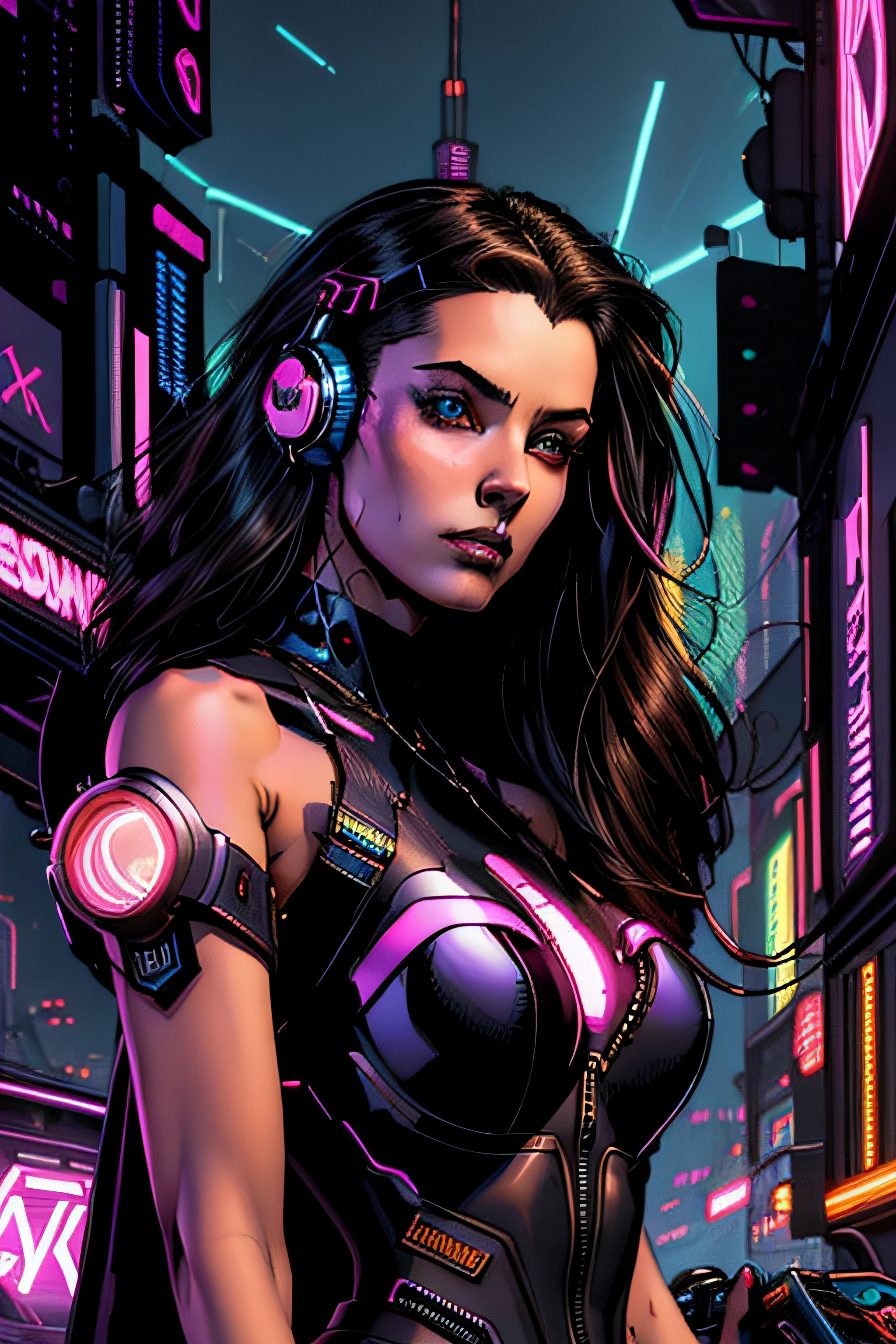 Girl with messy long black hair and brown eyes, vibrant brown eyes, with headphones in Neon City at night, RossDraw Vibrant Cartoon, digital cyberpunk anime art, cyberpunk art style, glowwave girl portrait, bright cyberpunk glow, cyberpunk anime art, Ross Tran 8 K, Cyberpunk Artstyle, Wojtek Fus, cyberpunk anime art, Lois van Baarle and Rossdraws, the portrait of cyberpunk girl, Neon Cyberpunk, Jen Bartel