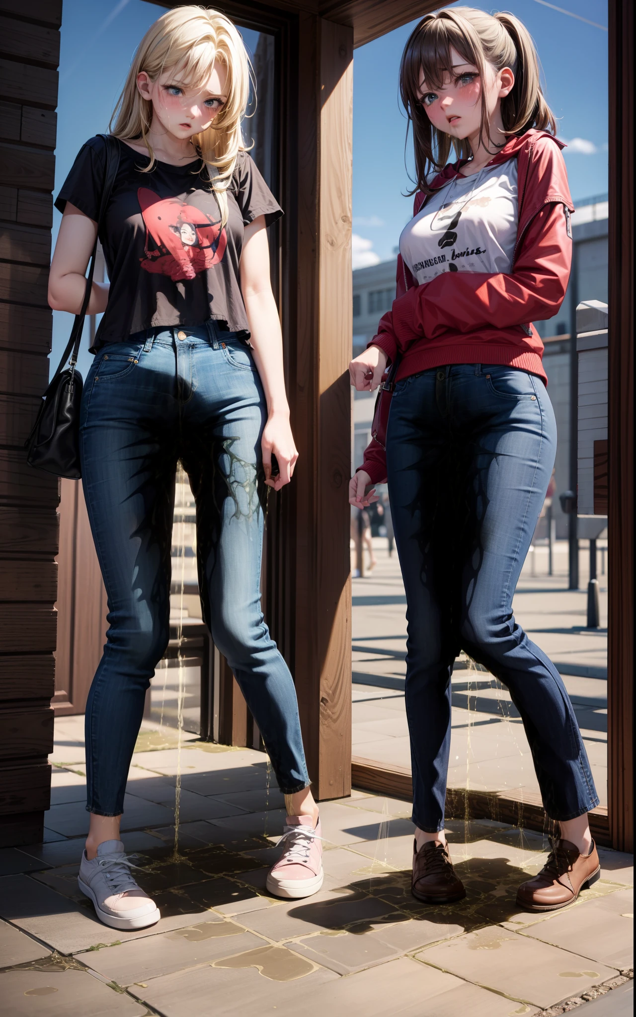 masterpiece, 8K, realistic, highly detailed, highres, best quality, detailed face, (3girls), 20 years old, blue jeans pants, full body, blush, worried, park, ((((((pee stain))))))