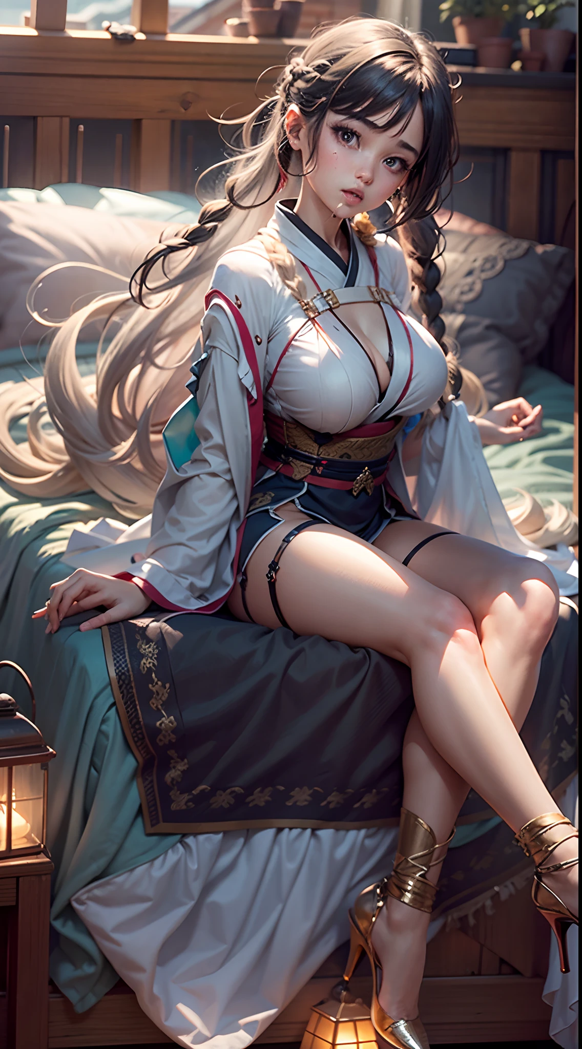 Best quality, official art, very detailed CG unified 8k wallpaper, huge file size, very detailed, high resolution, very detailed, beautiful detailed girl, very detailed eyes and face, beautiful detail eyes, light on face, movie lights, 2 girls, (from below: 1.3), (perspective: 1.2), looking at the audience, full body, full body photo, braids, blowing tide, vaginal ruin, drooling, very huge breasts, open legs, sexual excitement, sexual expression, thinness, high heels, outdoors, Hip width, thick thighs, (Hanfu: 5), , roof, evening, neon in the back, a girl wearing a transparent silk scarf, no clothes, no panties, very huge breasts, sitting on the bed, legs open, arms raised above the head, in a seductive pose,