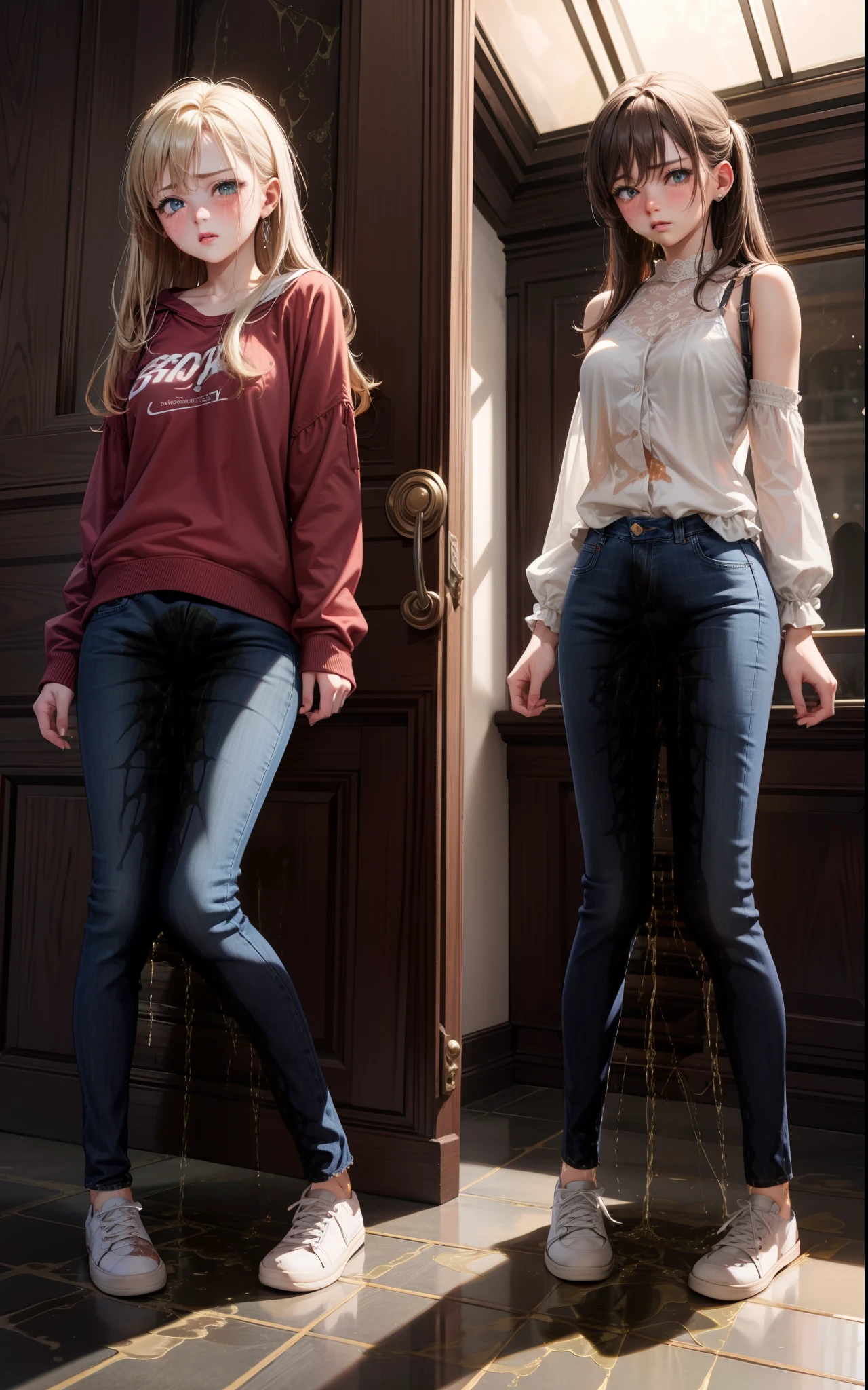masterpiece, 8K, realistic, highly detailed, highres, best quality, detailed face, (3girls), 20 years old, blue jeans pants, full body, blush, worried, park, ((((((pee stain))))))