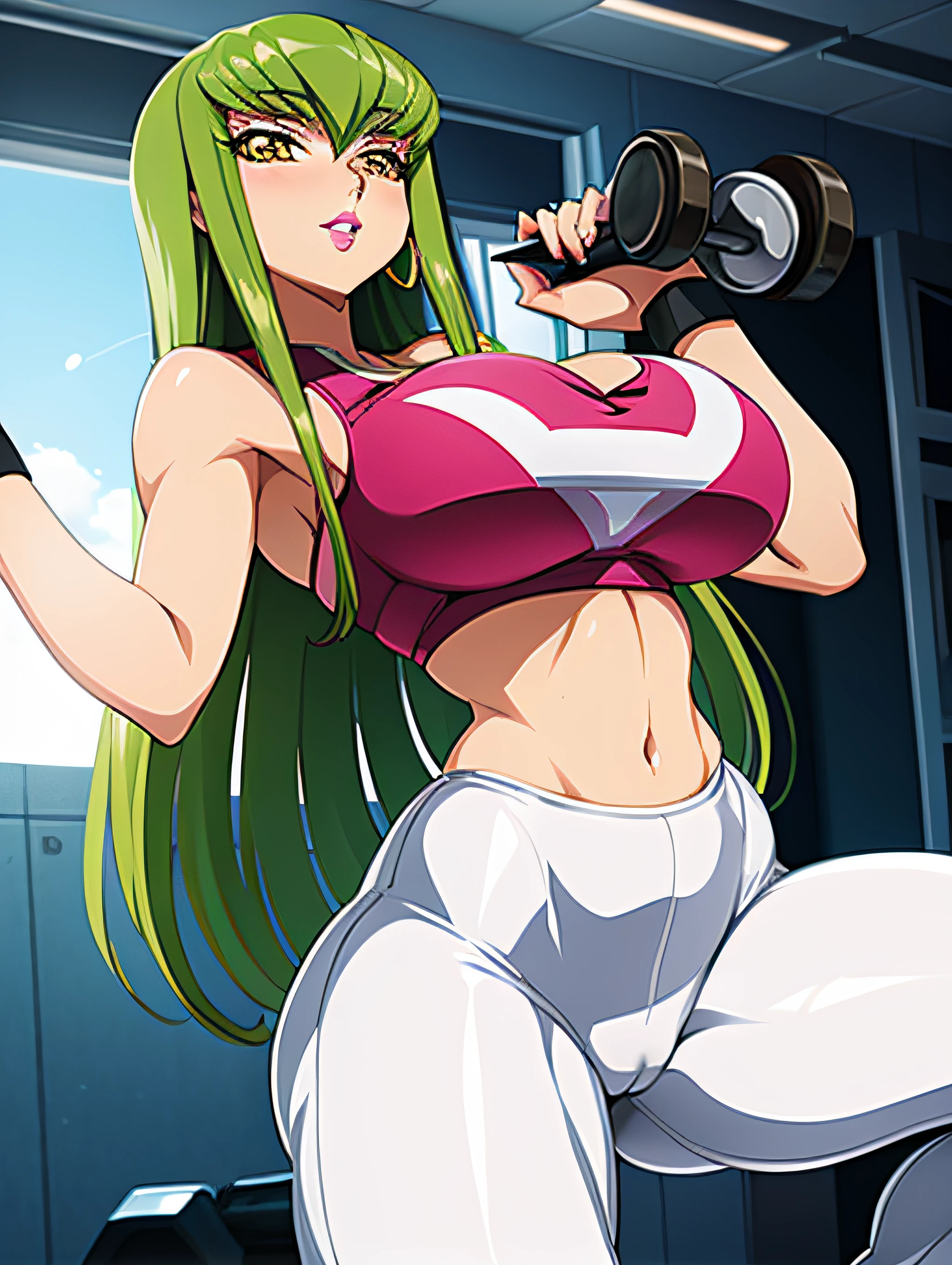 Code Geass, C.C, 1girl, (((bimbo))), puffy lips, painted lips, thick lips, wide hips, thick thighs, big breast, huge ass, revealing cleavage, erotic, Smile face, bubble butt, camel toe, Breasts, white yoga pants, in the gym, lifting weights, sports bra, lifting dumbbells,