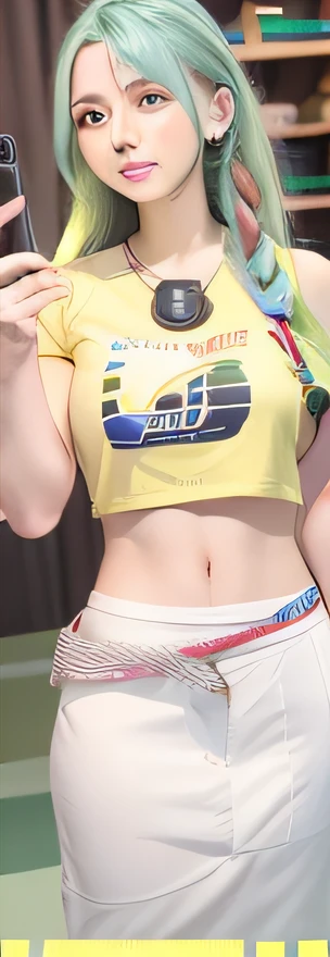 Arakfi woman with green hair and yellow shirt holding mobile phone, Her navel was exposed, Thin waist, low quality video, amouranth, belly button showing, 2 4 old female model, big breasts thin waist, mais conhecido como Amouranth, big breasts thin waist, croptop, tinyest midriff ever, photo of slim girl