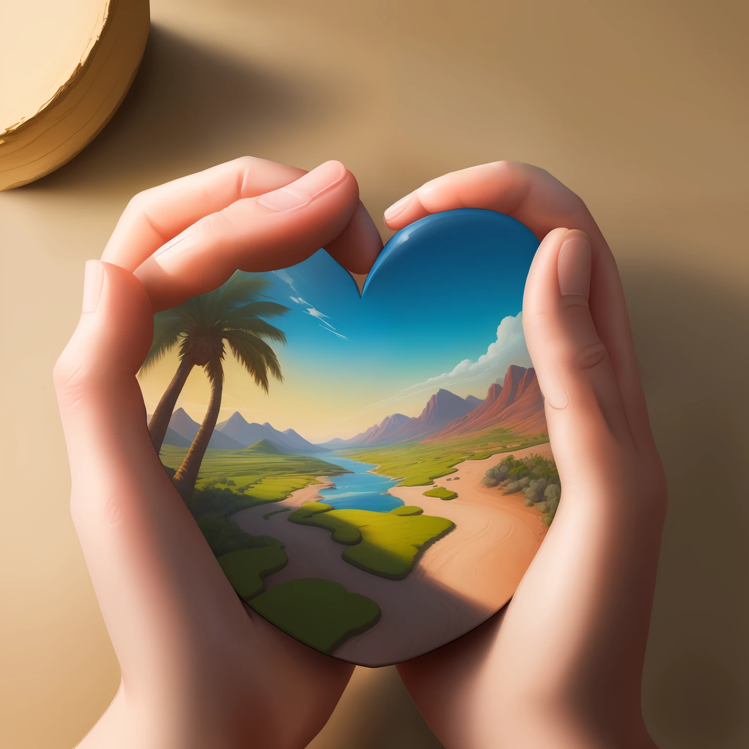 Landscape painting of a heart rolling in the palm of your hand