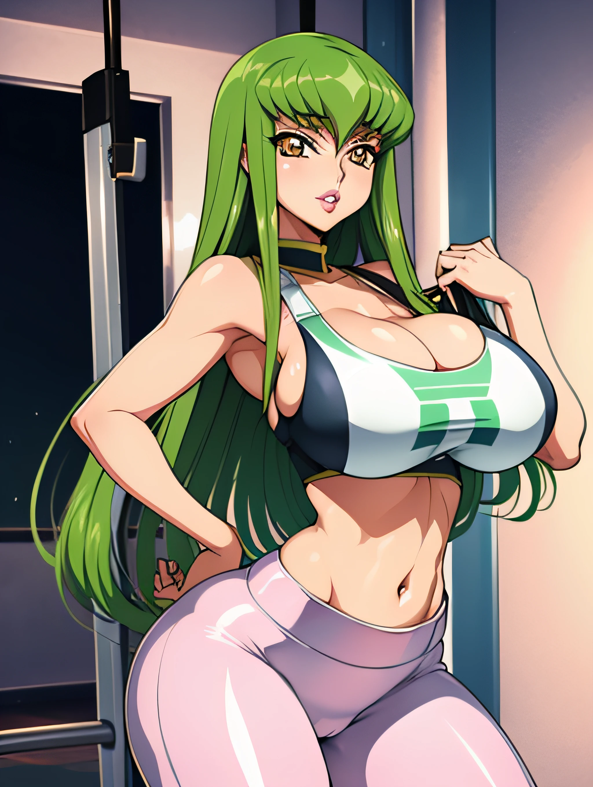 Code Geass, C.C, 1girl, (((bimbo))), puffy lips, painted lips, thick lips, wide hips, thick thighs, big breast, huge ass, revealing cleavage, erotic, Smile face, bubble butt, camel toe, Breasts, white yoga pants, in the gym, lifting weights, sports bra, lifting dumbbells,