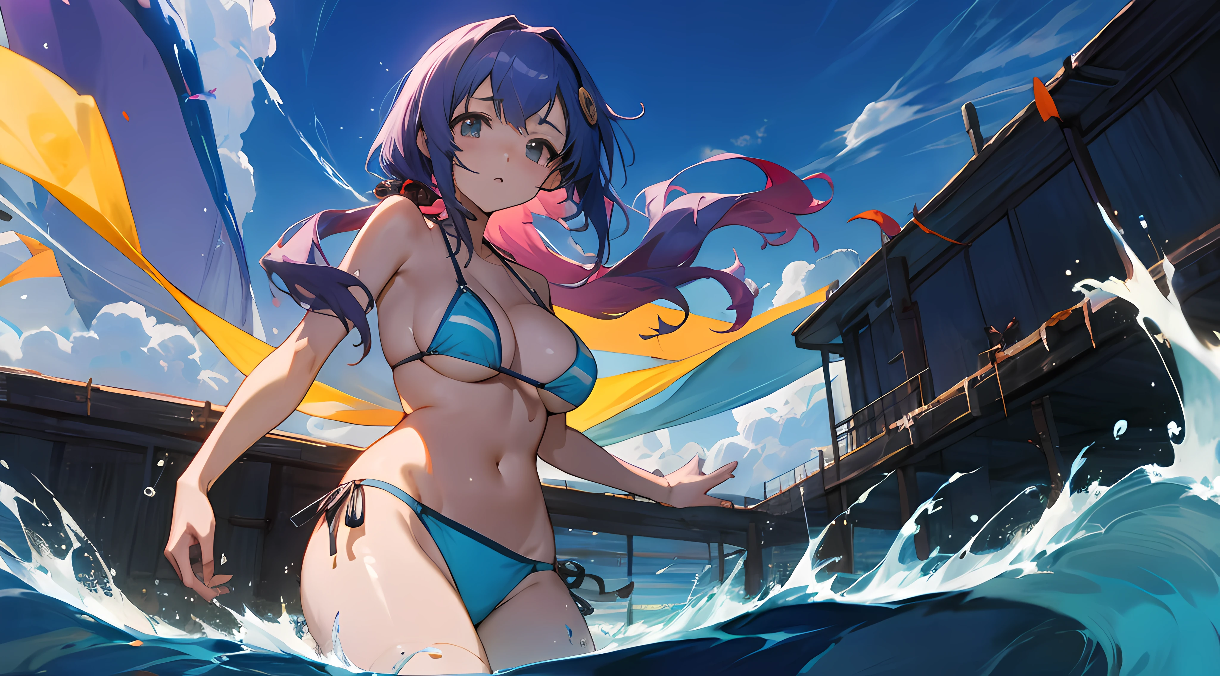 Anime girl in bikini in ocean,In the background is a building, Anime girl walking on water, 4K anime wallpapers, 4k manga wallpapers, style of anime4 K, Kantai collection style, ultra hd anime wallpaper, Anime wallpaper 4 km, Anime wallpapers 4K, anime big breast! 4 k'', anime big breast! 4K, Anime art wallpaper 8 K