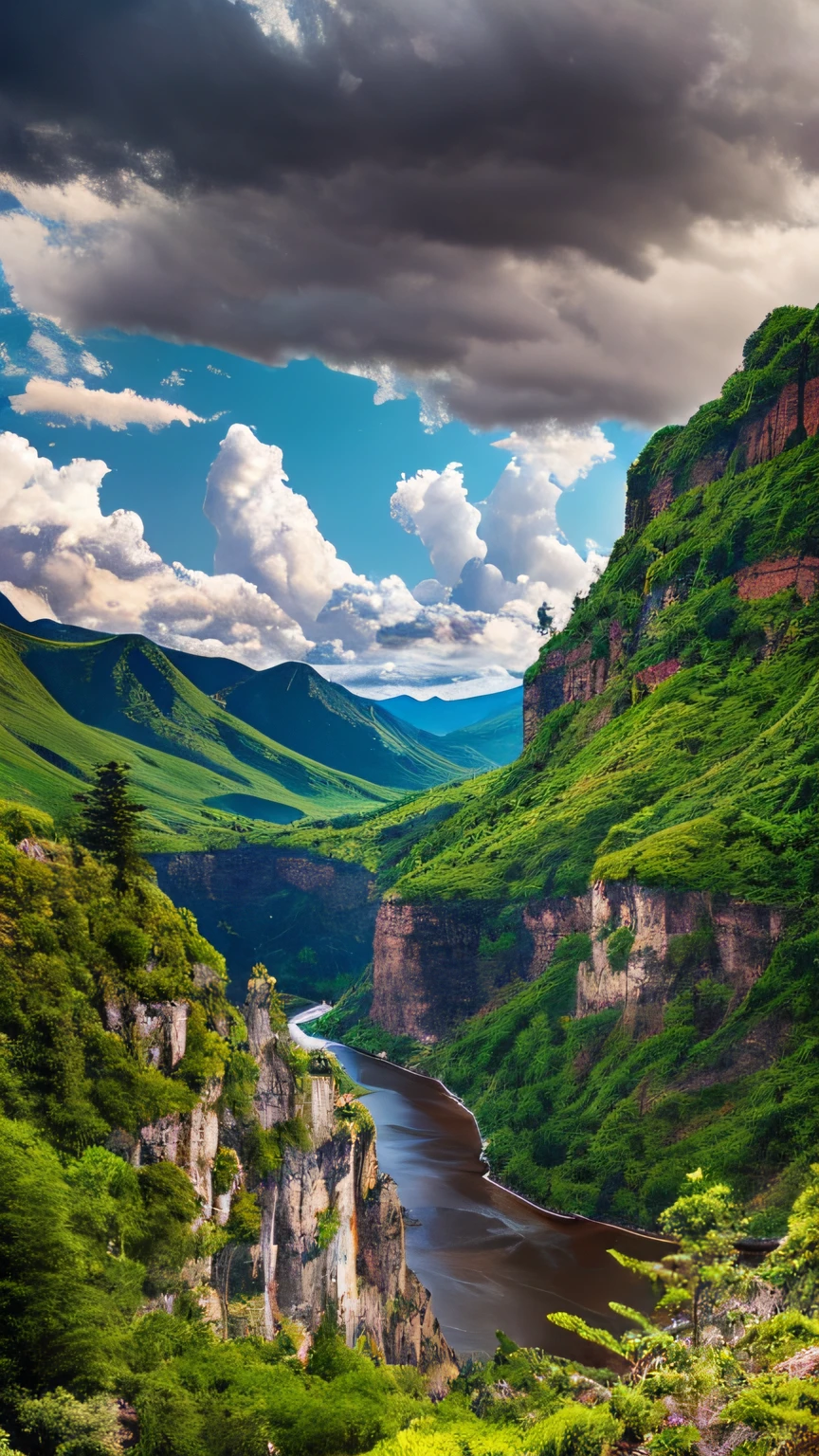 Masterpiece, ultimate quality, Cg unity 8k wallpaper, super delicate, beautiful sky and clouds, rich natural scenery, cliffs, lakes and rivers, waterfalls and flying water, beautiful green mountains, no trace of people, excellent scenery, has already won a photo contest, background Blurring, full depth of field, HDR high dynamics, true restoration, intricate, extreme details, dramatic presentation, perfectly presenting the style of midjourney art.