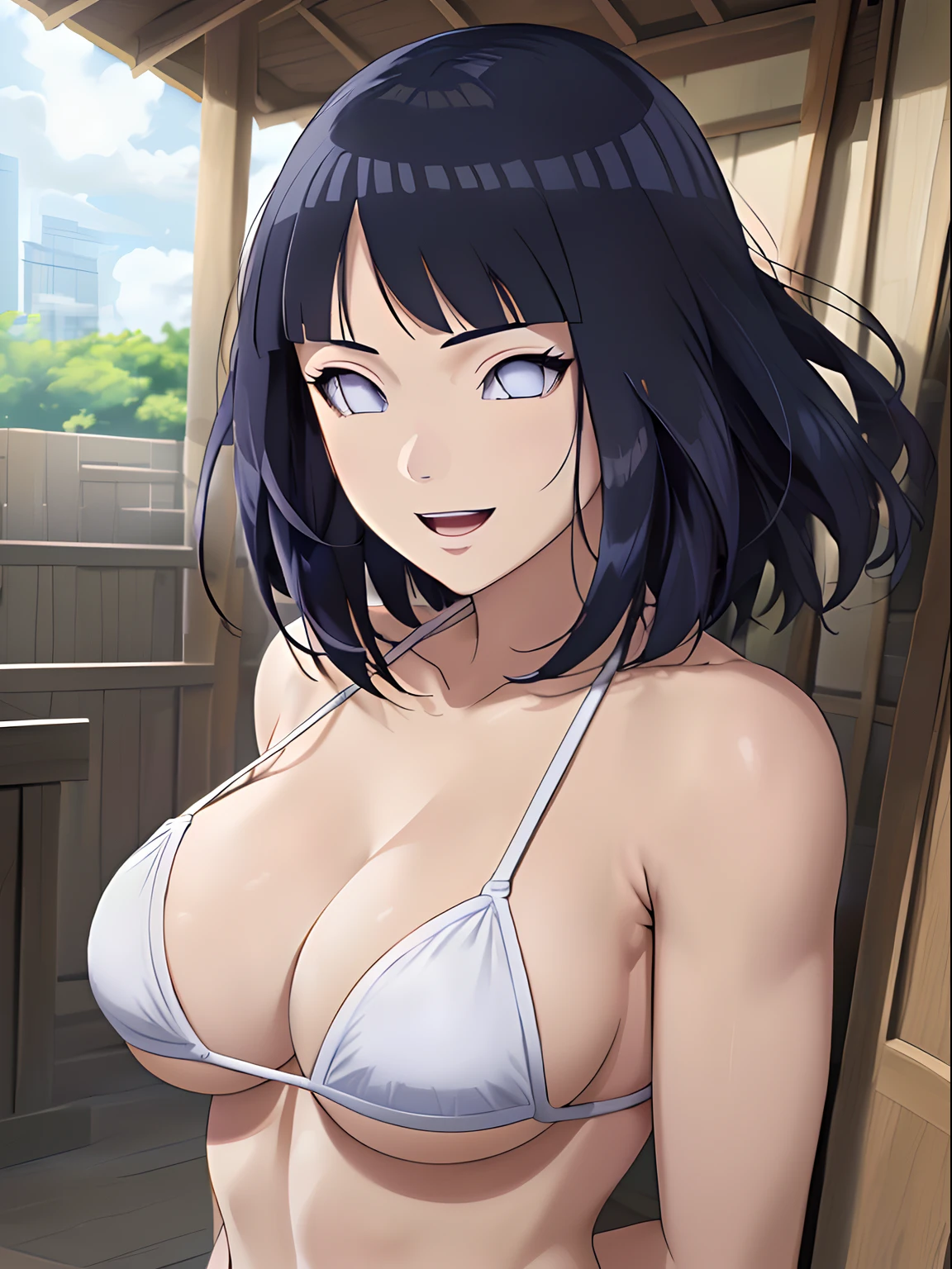 (masterpiece, 1k, anime style:1.9, (detailed anime background, big breasts, big boobs, open mouth, high color saturation, bold drawing lines, (strong arms, muscular arms), detailed bold arm lines), strong arms, strong light on body, plain, bare body, (large breasts), minimum clothing, taking off shirt, bare shoulders, bare chest, polished nails, seductive, very tight pure white micro bikini, no shirt, showing off), hinata\(boruto\), mature female, sunbathing, milf, (curvy:0.8), solo, (short hair, hime cut, wavy hair, floating hair), (dark blue hair color:1.1), white, flat belly, perfect eyes, anime eyes, smoky eyeliner, eyeshadow, perfect face, shy, sharp focus, professional artwork, intricate details, colorful, vibrant colors, vivid colors, digital blending, ultra detailed body, ultra detail hair, ultra detail face, trending on pixiv, smile, happy, very hot colors, sunny day, outdoor,