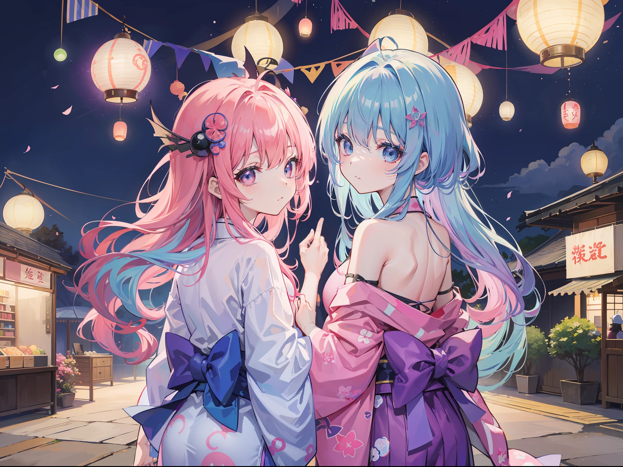 Dark Magician Girl、MKSKS style、Wizard Hat、1 persons、(highly detailed back ground:1.0)、(highly detailed back ground:1.0)、masterpiece、top-quality、超A high resolution、8K、full bodyesbian、Looking back、(1/2 pink and 1/2 Light blue hair、rainbow-colored hair)、(A detailed eye、Blue eyes)、Laughing、(Rainbow print yukata、1/2 pink and 1/2 Light blue yukata)、Detailed skin、(food stand:1.4、lantern:1.2)、early evening、夏天、wakame、wakame、wakame、wakame、wakame、wakame、wakame、wakame、wakame、wakame、wakame、wakame、wakame、wakame、wakame、wakame、wakame、wakame、wakame、wakame、wakame、wakame、wakame、wakame、wakame