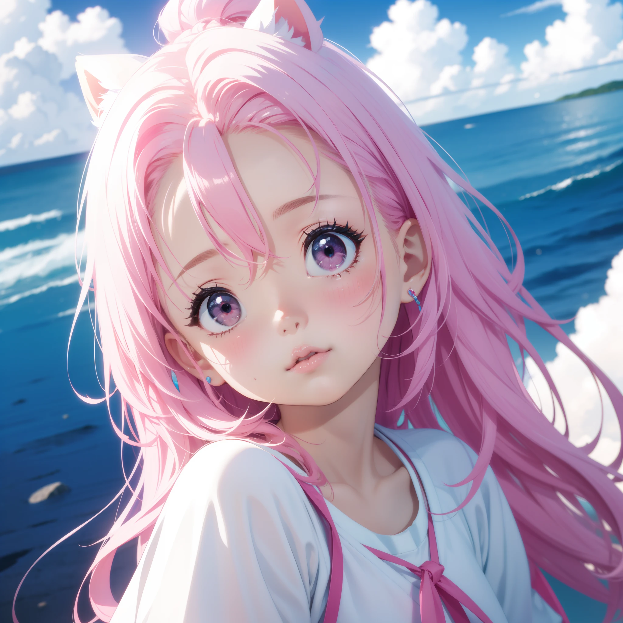 Movie Angle,high qulity,a little lovely kid girl,redish pink lips,Wearing a bright white shirt,Under the blue sky and white clouds,Pastel palette aurora punk style,Anime illustration of her face,Animated GIFs,hand-drawn animation,Captivating sketch,Smooth and shiny,Hazy romanticism,Super Flat Style,White background -- ar 1:1--Niji 5--Stylistic expression--S 5