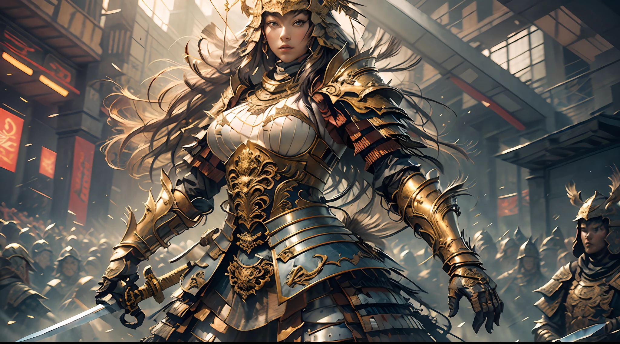 A young woman in armor and holding a sword stands in front of the audience, large full breasts, (Perfect Body), (Masterpiece), In a very sexy pose, (The ultra-detailliert), (Hyper beautiful), (8K, Highly detailed CG illustrations), He holds a long, thin knife aloft