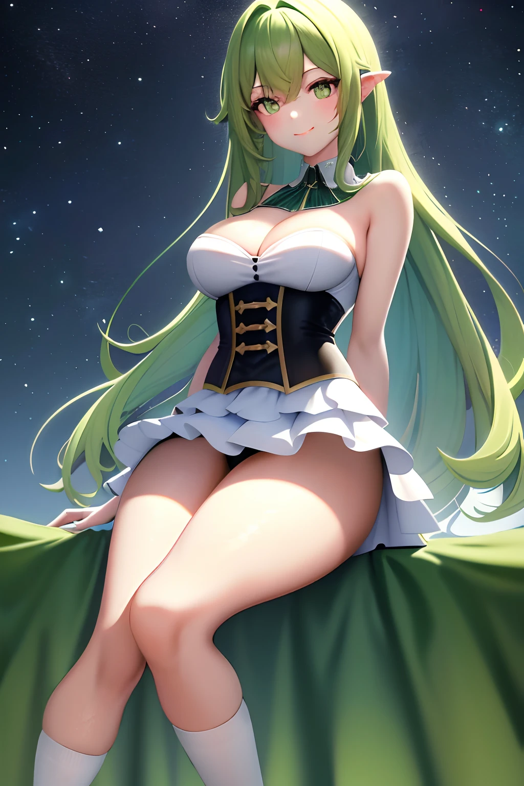 (Masterpiece, Best quality:1.2),, Solo, 1girll, Green hair，Wide buttocks， Smile, Closed mouth, view the viewer, White dress without straps, Corset, Layered skirt, black over-the-knee socks, Bare shoulders, cosmic space, Star \(sky\)