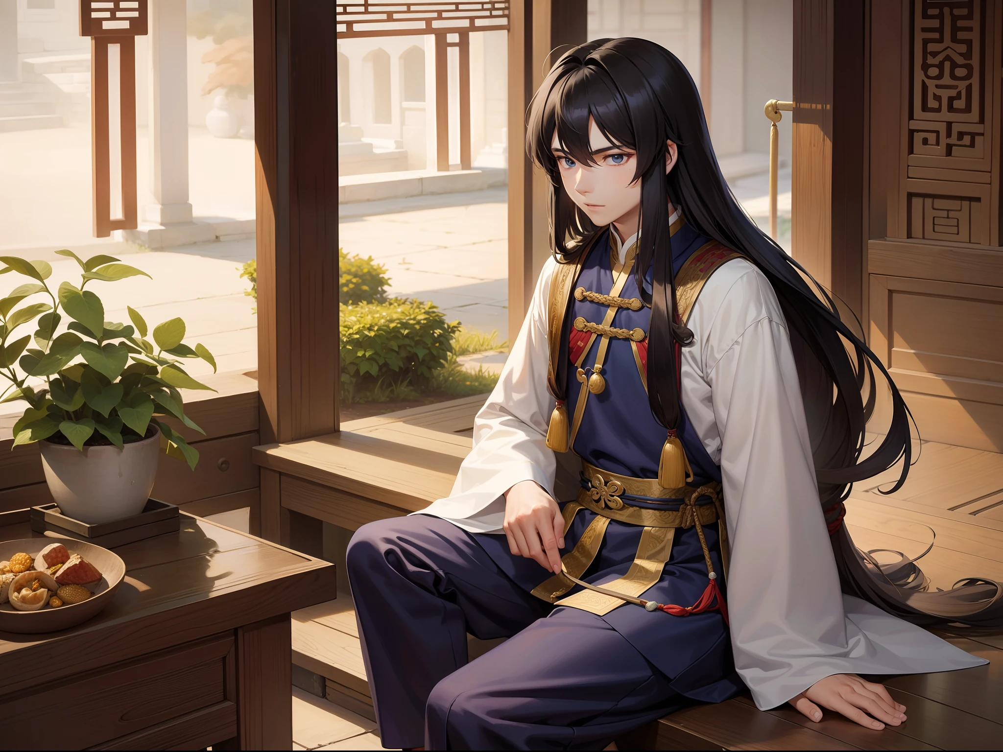 Fifteen-year-old long-haired scholar boy male in ancient China,Elegant and wise looking。