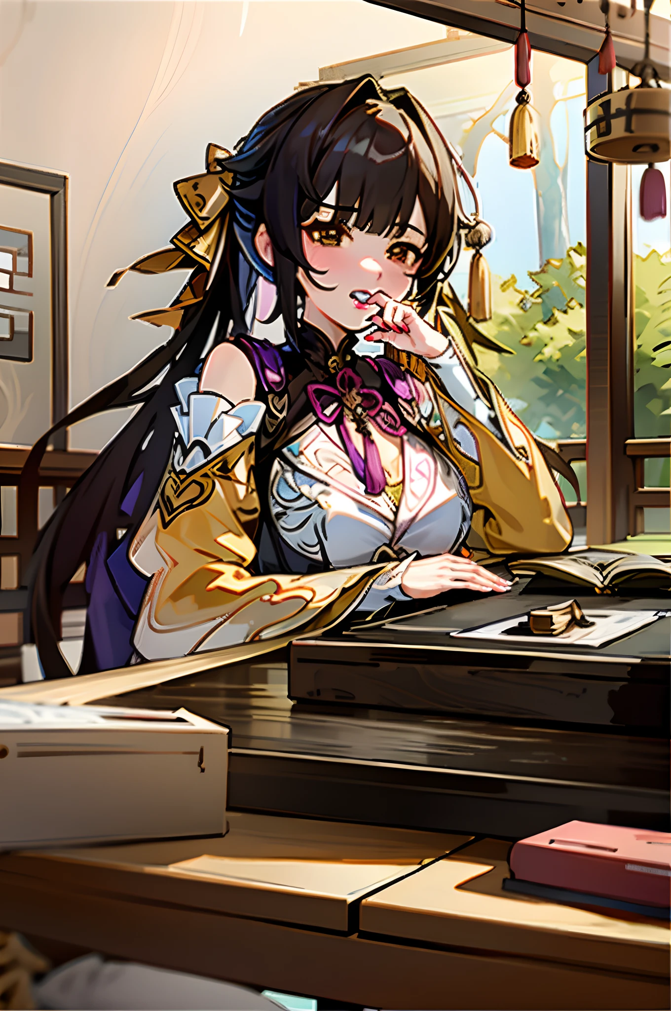 Anime girl sitting at desk,Holding a laptop and a book, Ayaka Genshin impact, Keqing from Genshin Impact, Kawasi, zhongli from genshin impact, Fine details. Girl Front, from girls frontline, onmyoji portrait, Official artwork, A scene from the《azur lane》videogame, Kushatt Krenz Key Art Women, Hestia