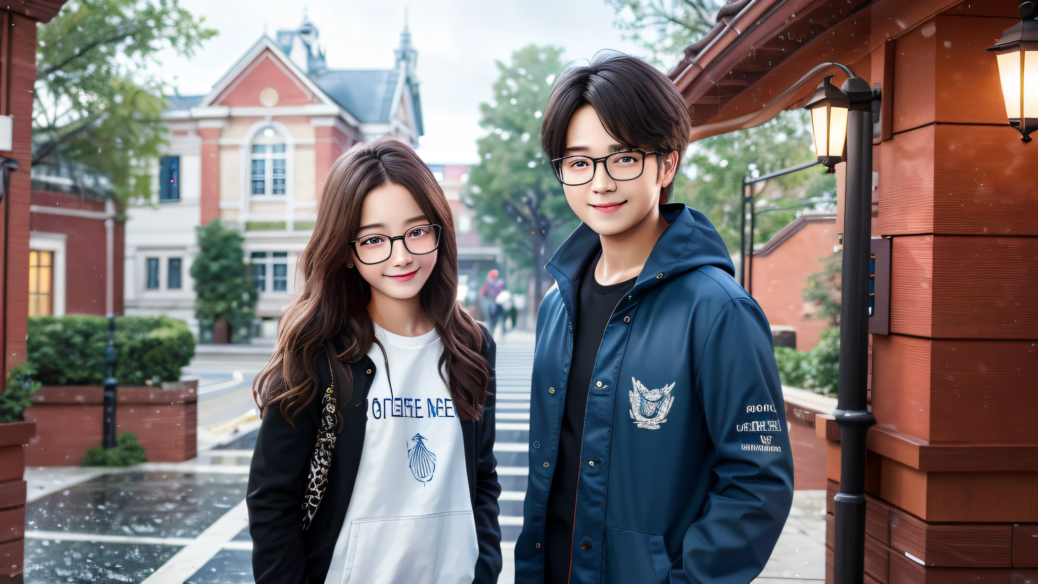 tmasterpiece,Best quality at best,the Extremely Detailed CG Unity 8K Wallpapers, girls and boy,college aged, eye glass, libraryai, detailedbackground,ssmile,rained,Under the eaves