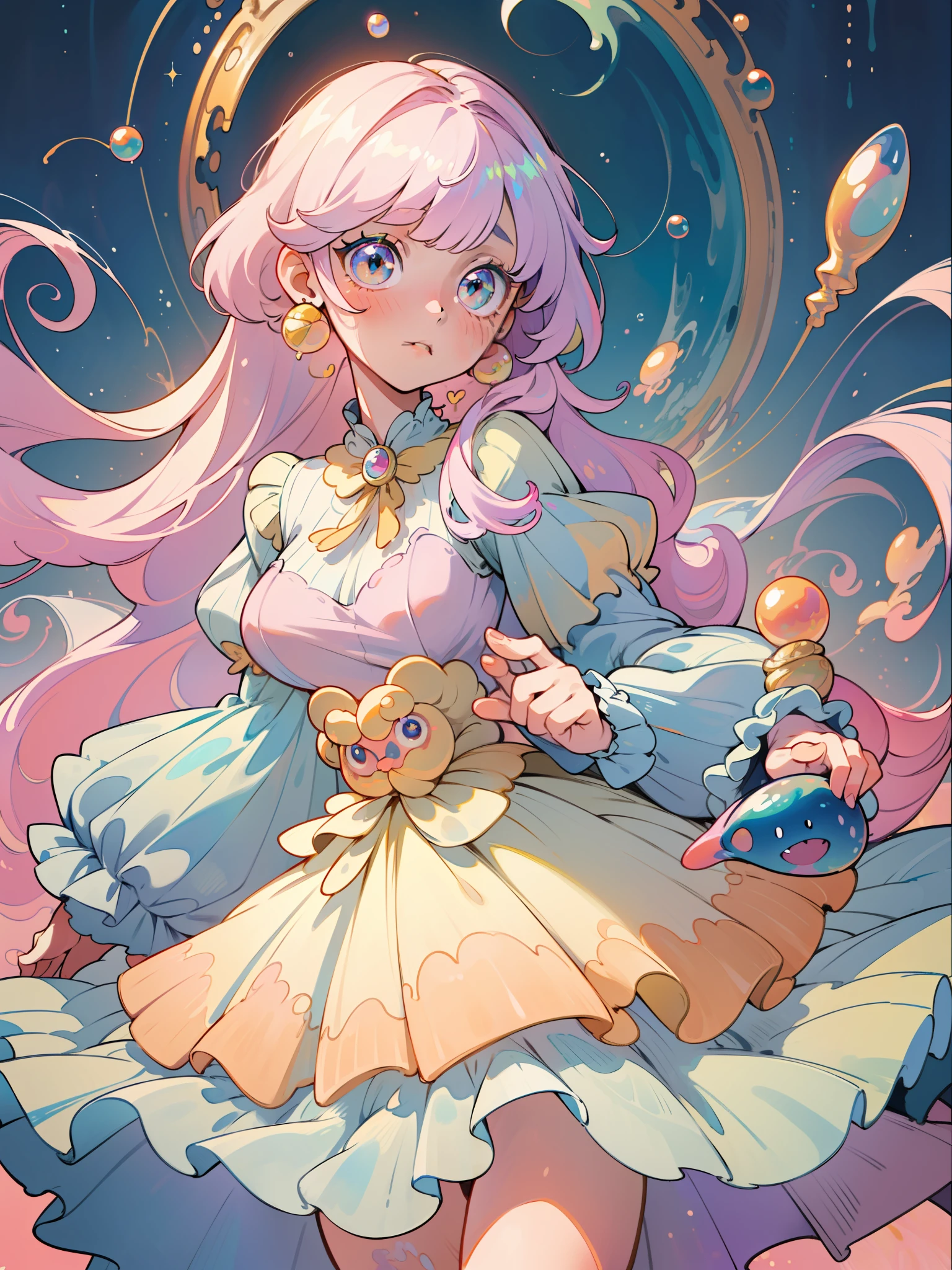 masterpiece, best quality, 8k resolution, sharp focus, intricate detail, beautiful girl, sparkling eyes, golden ratio face, otherworldly liquid, watercolor, pastel colors, bright colors, whimsical, colorful, sharp focus, high resolution, fine detail, ((layered tiered puffy long sleeves ballgown)), ((round eyes)), iridescent bubbles, fantasia background