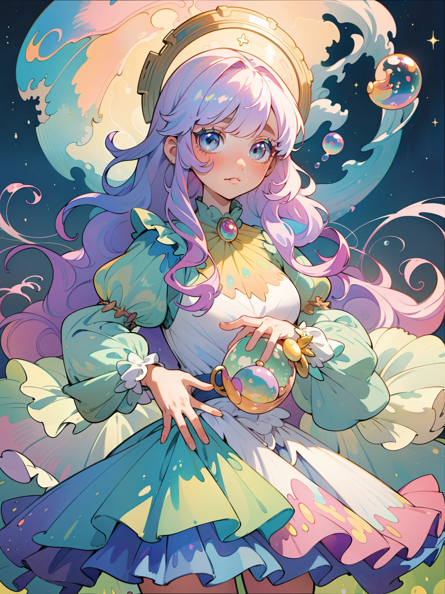 masterpiece, best quality, 8k resolution, sharp focus, intricate detail, beautiful girl, sparkling eyes, golden ratio face, otherworldly liquid, watercolor, pastel colors, bright colors, whimsical, colorful, sharp focus, high resolution, fine detail, ((layered tiered puffy long sleeves ballgown)), ((round eyes)), iridescent bubbles, fantasia background