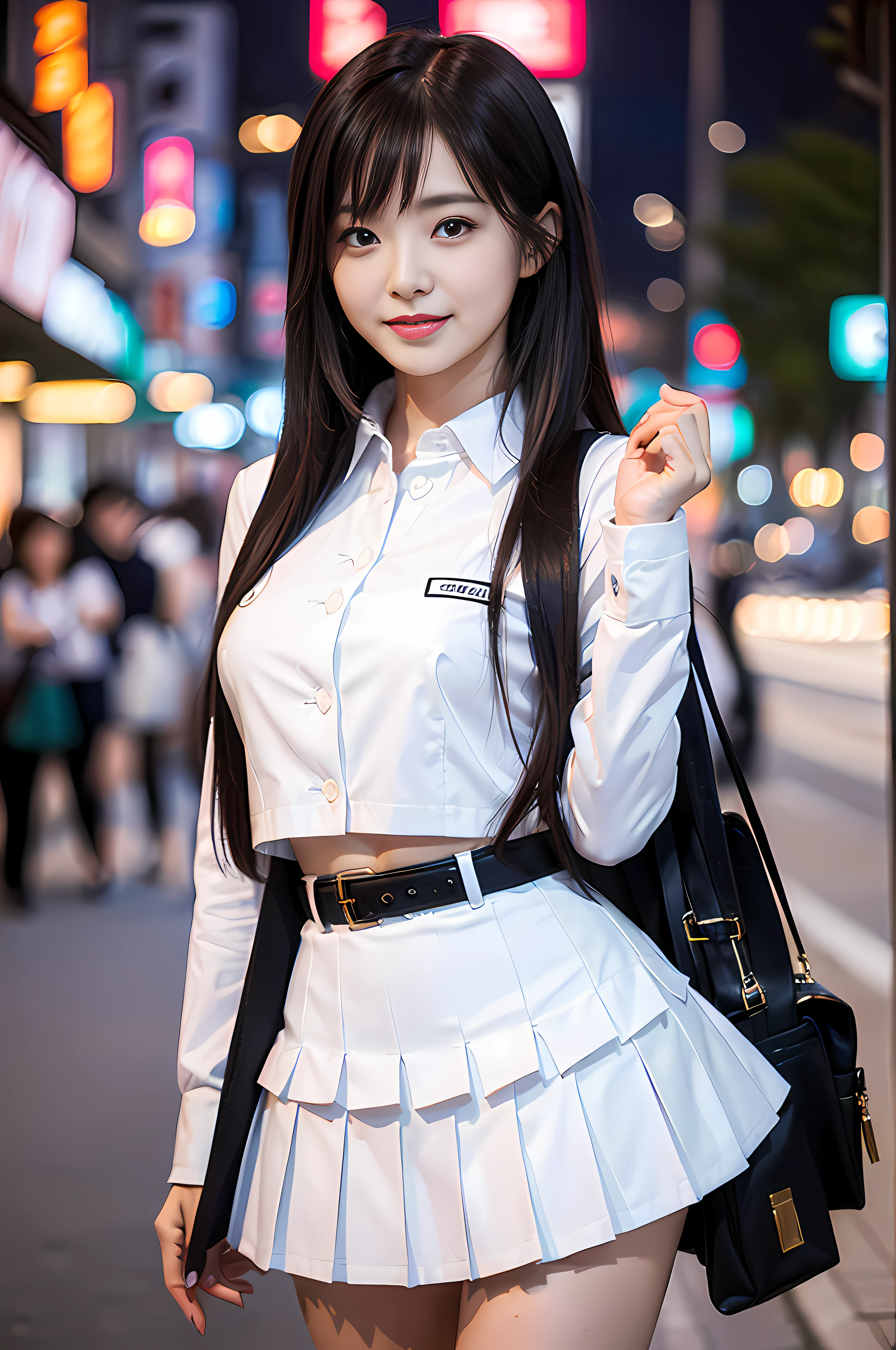 ((Best Quality, 8K, Masterpiece: 1.3)), Super Cute Beautiful Woman, 1 Girl, (Beautiful Breasts:1.3), (Abs, Slender Figure: 1.1), Sharp Focus, (((Intricate Details)), High Detail, Upper Body, One Girl, Black Straight Hair with bangs, Japan Schoolgirl Uniform, White collard shirt, white blazer, white Pleats Skirt, knee-length skirt, 8K, 8K Resolution, clean detailed face, Detailed Body, Detailed Clothes, Sharp Images, Japan Anime Concept Art, trending on Pixiv, looking the viewer, facing the viewer, seductive model pose, seductive smile, pink lipstick, bokeh, field of depth, 8 life size, 8k resolution, upper body image, shot on EOS 5D Mark IV, 35mm lens, f1.8, night Paris Cafe background,