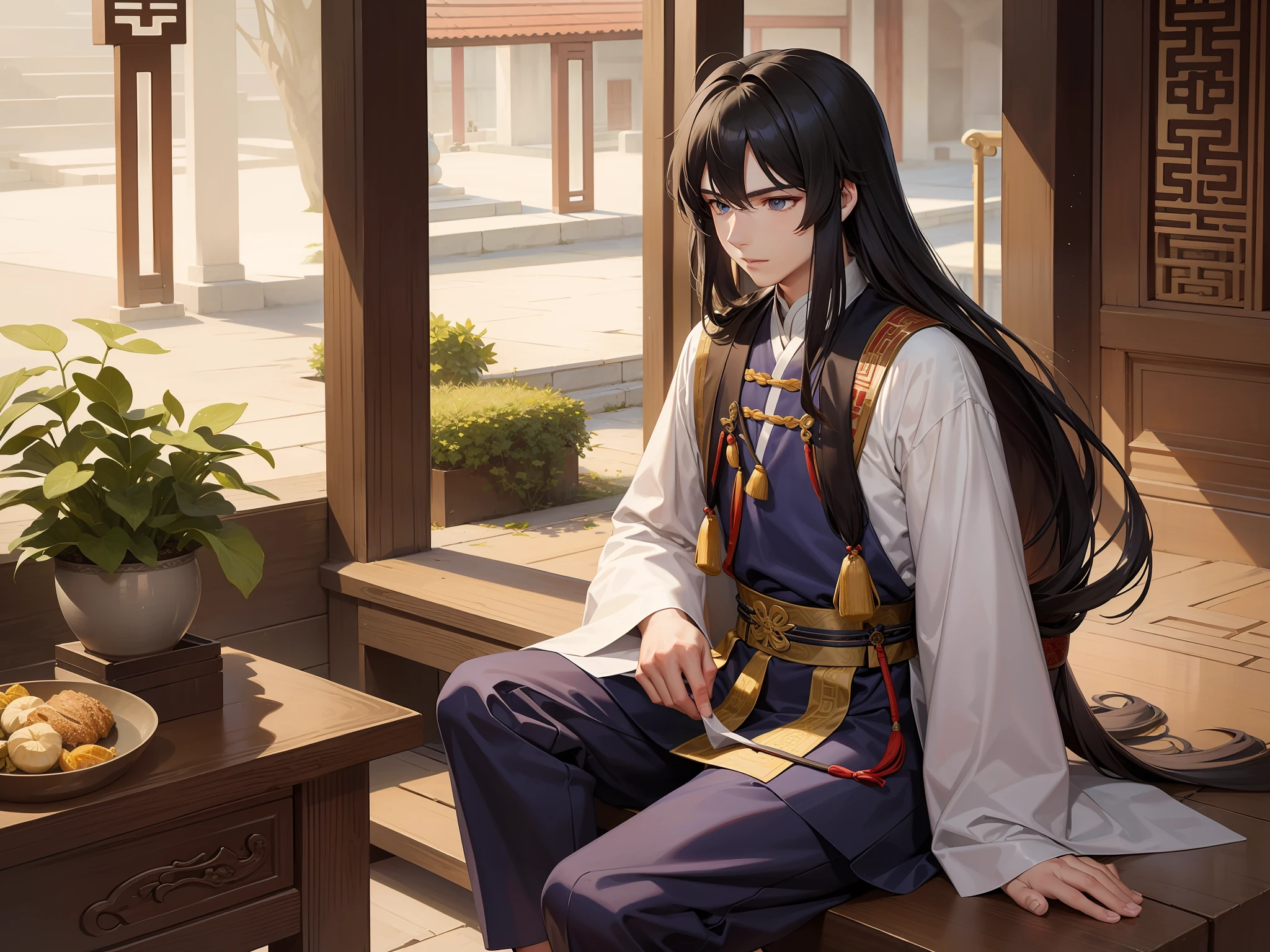 Fifteen-year-old long-haired literati boy in ancient China,Elegant and intelligent appearance。