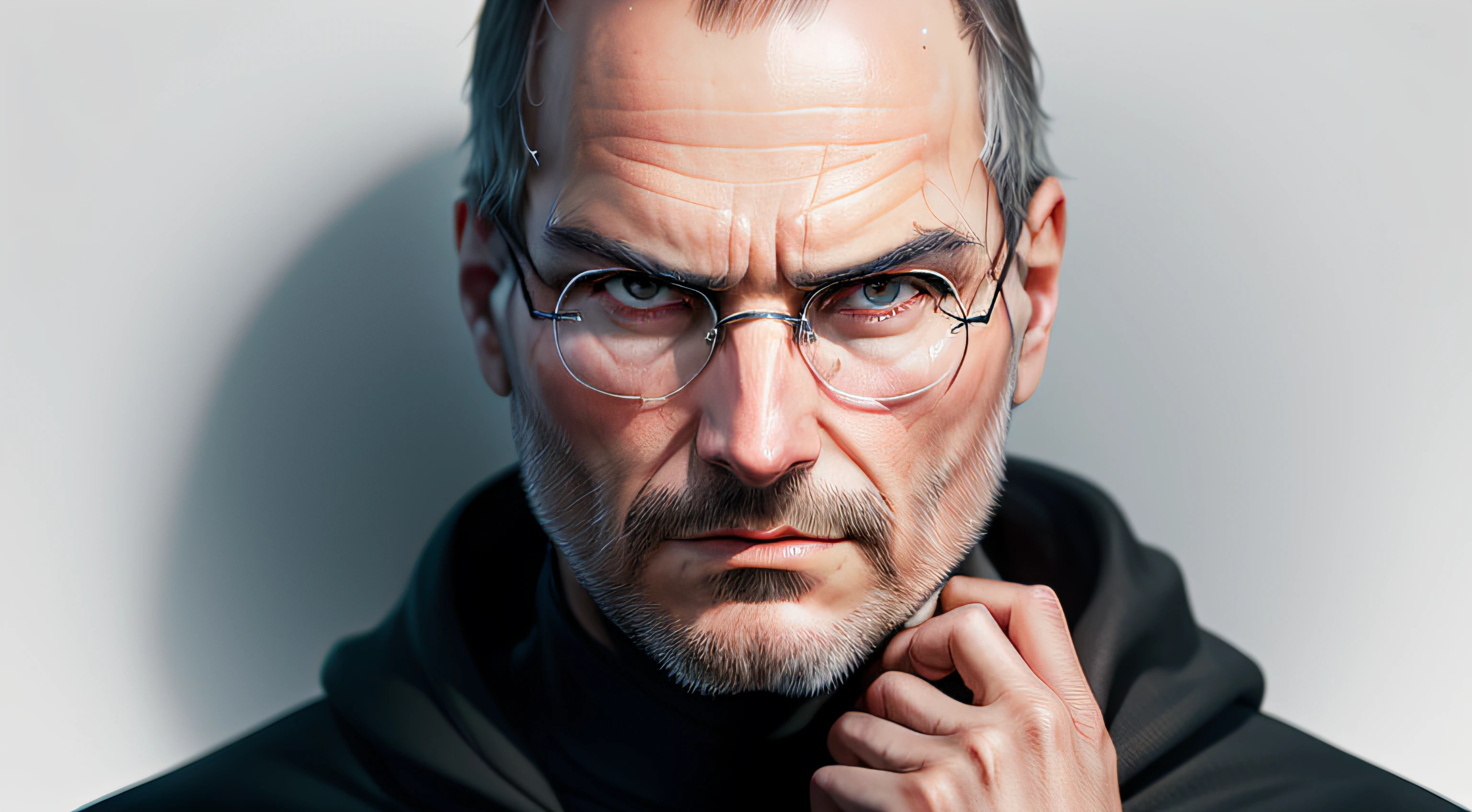 "Generate an ultra-realistic image of Steve Jobs with exaggerated eyes and mouth. Give him a menacing and frightening gaze. Place him against a white background."