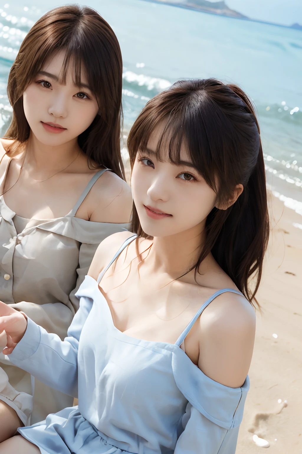 (8K、RAW photography、top-quality、tmasterpiece:1.2),((((((Two girls,duo,caressing the,On the beach)))))),、ultra - detailed、Hyper-Resolution、(hyper realisitc:1.4)、(Use the kiss you throw as a camera)from the above、camera shot from above、Shoot the camera angle from above、I look at this with upward eyes、Arms outstretched、Arms spread wide、Use high-quality images taken from above with your camera、(1 digit in the girl on the beach:1.3)、、Offshore girls(dreamlike lighting)Head to waist、、white skinned、Fair-skinned female proofreading、super high image quality、、Beautiful female proofreading reflecting in light、astonishing detail、Beautiful girls in very detailed、(Faces with different patterns1:1.2)、(Different facial emotions 1:1.3)、Each hairstyle has its own characteristics、colours々Hairstyles、colours々The hair color shines with a clean sheen、I love fishing on the boat、Brown hair shining in the light、One has a ponytail、、Modern cute girl、very detailed faces very detailed eyes、Very realistic skin、 Extremely detailed fingers, Highly detailed nose, highly detail mouth, perfect anatomia, (Off-the-shoulder ta costume 1:1.2)、、Their hair details sparkle、Hot teeth and smiles、Realistic body, white skinned, glistning skin, Slim body, Long straight hair, (Blunt bangs:1.2), , nixeu and sakimichan, twice, seifuku, sakimichan, promotional still, lalisa manobal, alena aenami and lilia alvarado