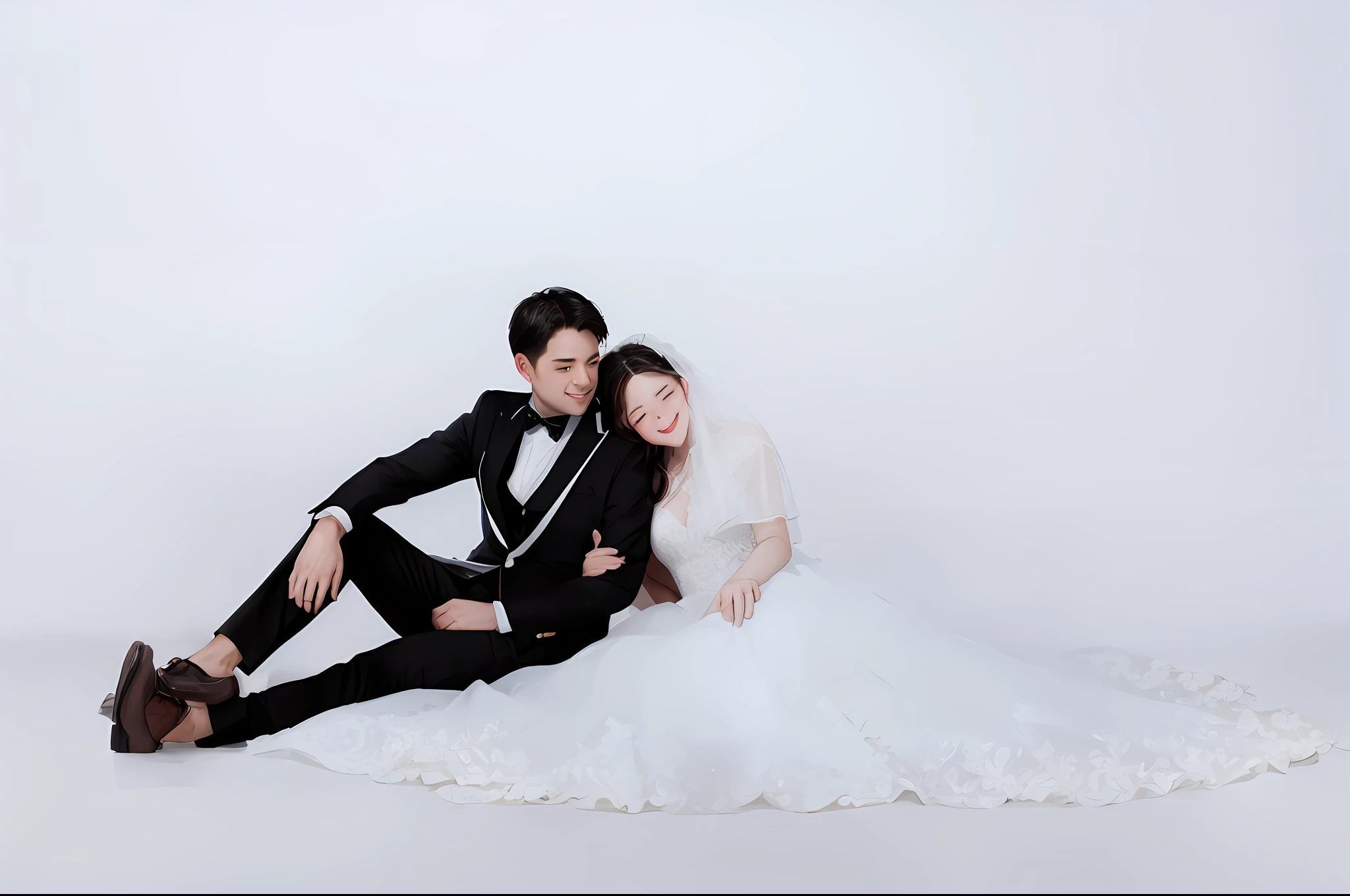 bride and groom sitting on the floor in a white wedding dress, in front of white back drop, wedding photo, couple pose, lovely couple, bride and groom, happy couple, portrait shot, professional wedding photography, white backdrop, couples portrait, couple, couple portrait, an elegant couple, wearing a wedding dress, ruan jia and fenghua zhong, photoshoot