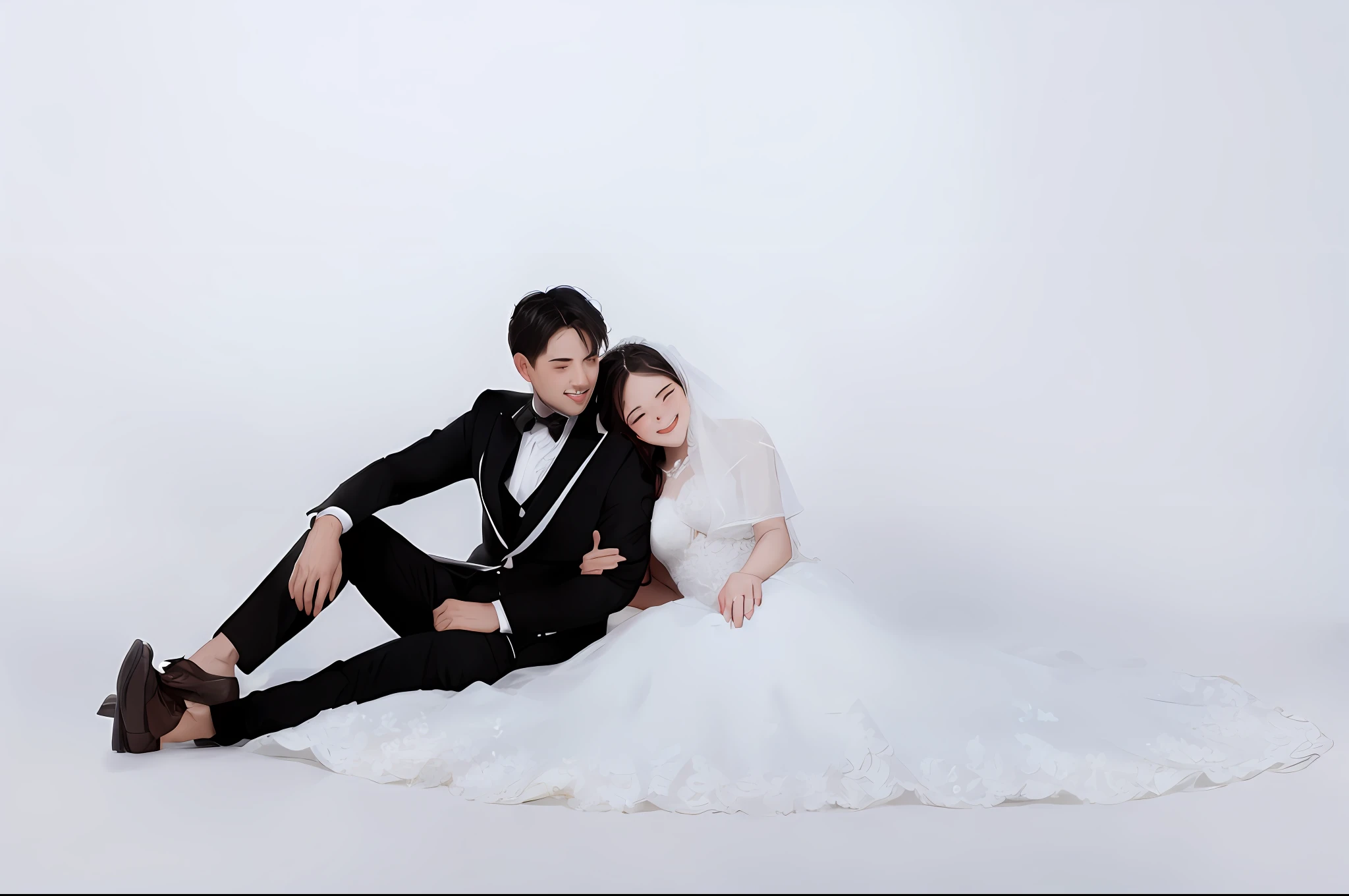bride and groom sitting on the floor in a white wedding dress, in front of white back drop, wedding photo, couple pose, lovely couple, bride and groom, happy couple, portrait shot, professional wedding photography, white backdrop, couples portrait, couple, couple portrait, an elegant couple, wearing a wedding dress, ruan jia and fenghua zhong, photoshoot