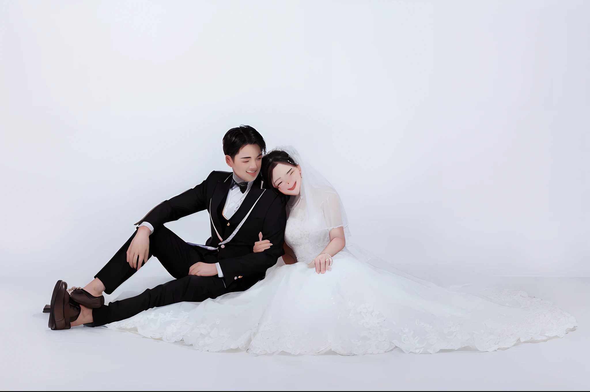 bride and groom sitting on the floor in a white wedding dress, in front of white back drop, wedding photo, couple pose, lovely couple, bride and groom, happy couple, portrait shot, professional wedding photography, white backdrop, couples portrait, couple, couple portrait, an elegant couple, wearing a wedding dress, ruan jia and fenghua zhong, photoshoot