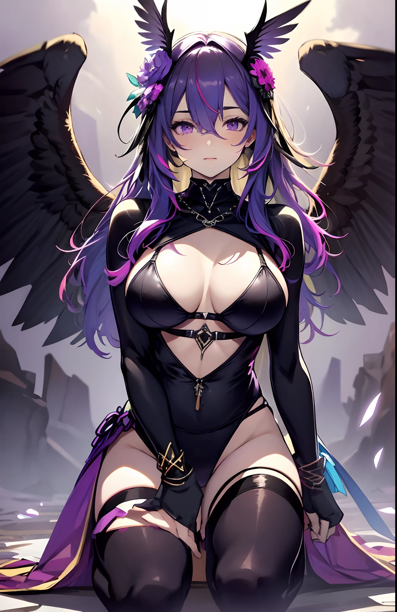 best qualityer,tmasterpiece,Ultimate resolution,downy,Extremely colorful,Colorful,Valley background,(Purple fog),Dancer,Bikini tights,Blindfolds,huge tit,The kinky is exposed,(cabellos largos dorados),Bird wings,a matural female,Kneeling pose,black reotard,vale,fog atmosphere,Normal posture
