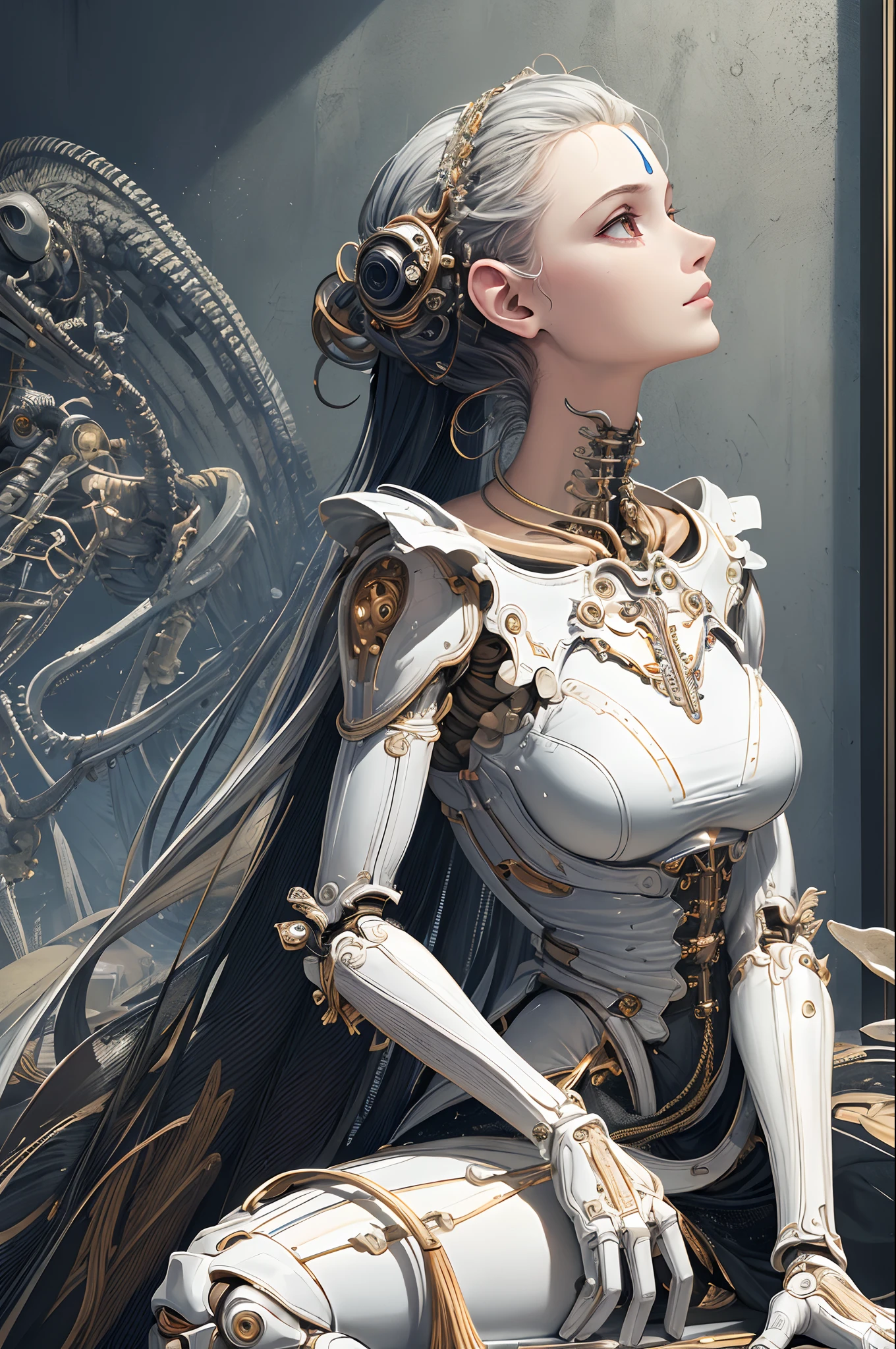 (((masterpiece))), (((best quality))), ((ultra-detailed)), (highly detailed CG illustration), ((an extremely delicate and beautiful)),(from side),cinematic light,((1mechanical woman)), (mature face:1.4), solo, full body,(machine made joints:1.2),((machanical limbs)),(blood vessels connected to tubes),(mechanical vertebra attaching to back),((mechanical cervial attaching to neck)),(sitting),expressionless,(wires and cables attaching to neck:1.2),(wires and cables on head:1.2)(character focus),science fiction,extreme detailed,colorful,highest detailed
