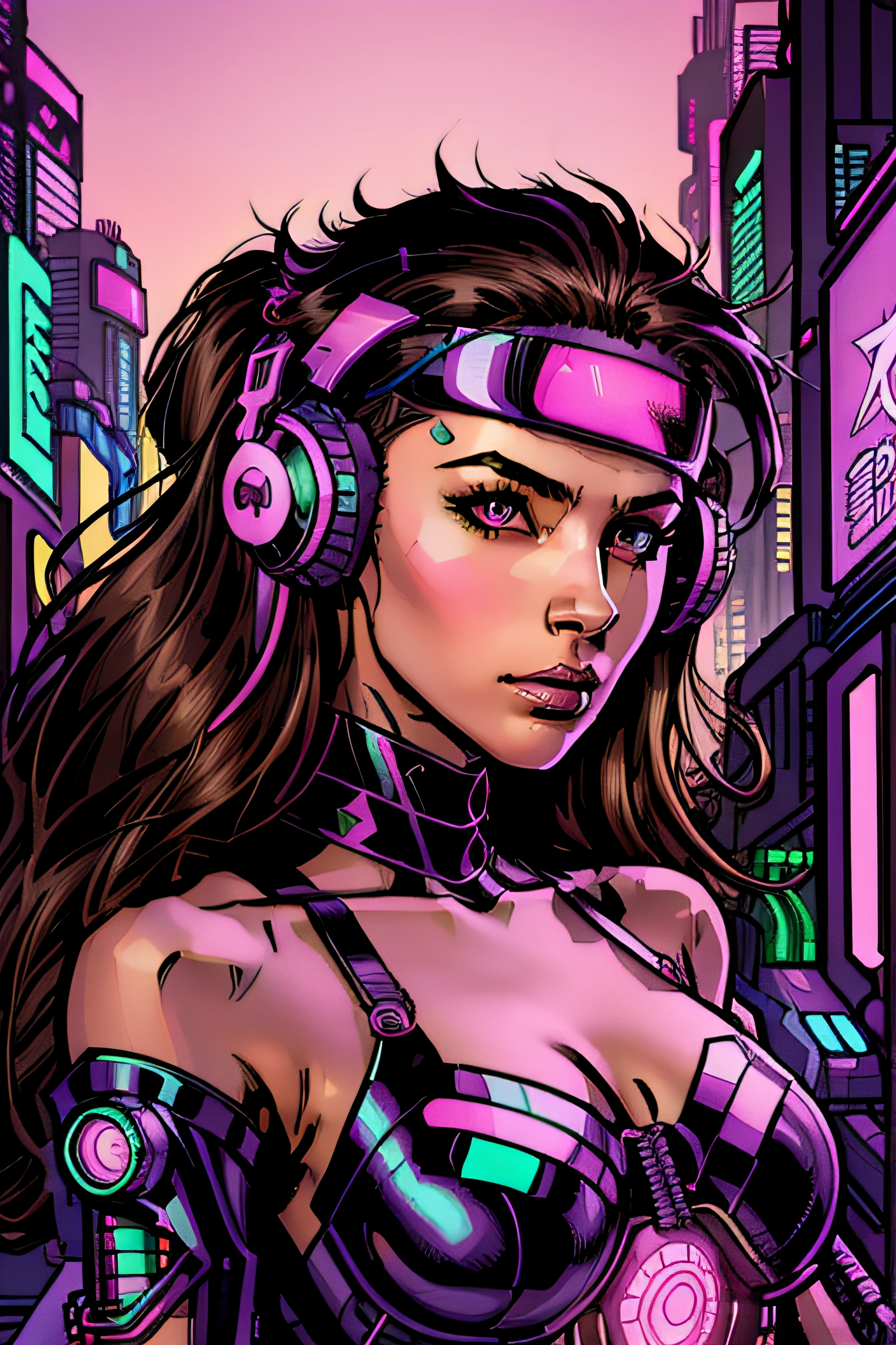 Girl with messy long black hair and brown eyes, vibrant brown eyes, with headphones in Neon City at night, RossDraw Vibrant Cartoon, digital cyberpunk anime art, cyberpunk art style, glowwave girl portrait, bright cyberpunk glow, cyberpunk anime art, Ross Tran 8 K, Cyberpunk Artstyle, Wojtek Fus, cyberpunk anime art, Lois van Baarle and Rossdraws,  the portrait of cyberpunk girl, Neon Cyberpunk, Jen Bartel