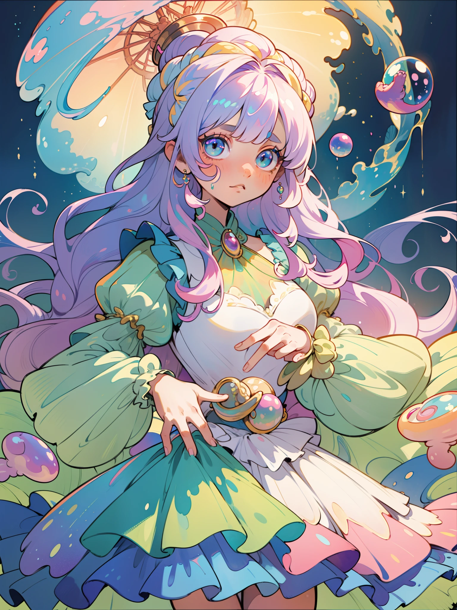 masterpiece, best quality, 8k resolution, sharp focus, intricate detail, beautiful girl, sparkling eyes, golden ratio face, otherworldly liquid, watercolor, pastel colors, bright colors, whimsical, colorful, sharp focus, high resolution, fine detail, ((layered tiered puffy long sleeves ballgown)), ((round eyes)), iridescent bubbles, fantasia background
