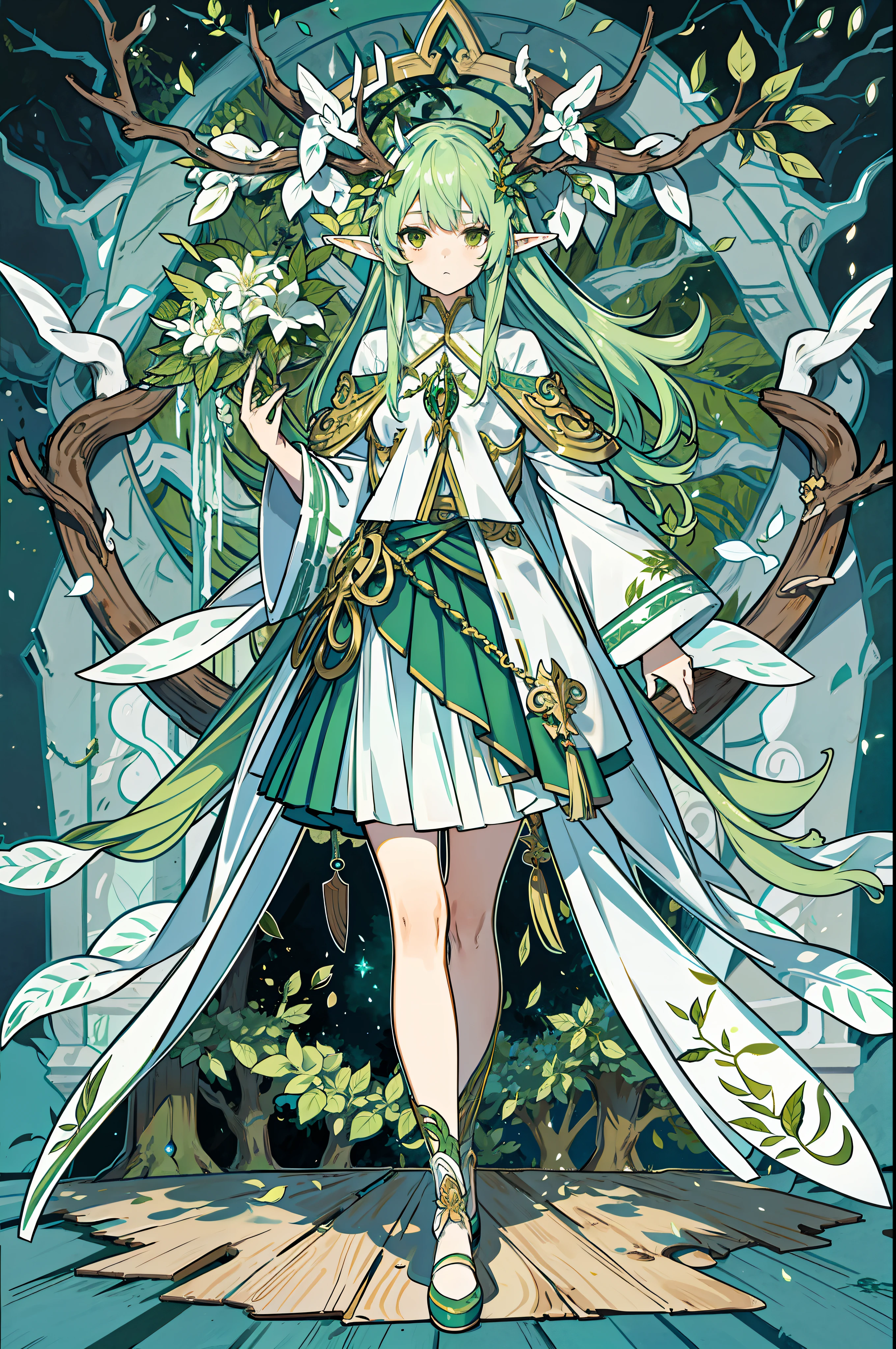 Elven Maiden,Long light green hair,Huge wood textured antlers,Hair mixed with vines,Surrounded by leaves,Modern simple skirt