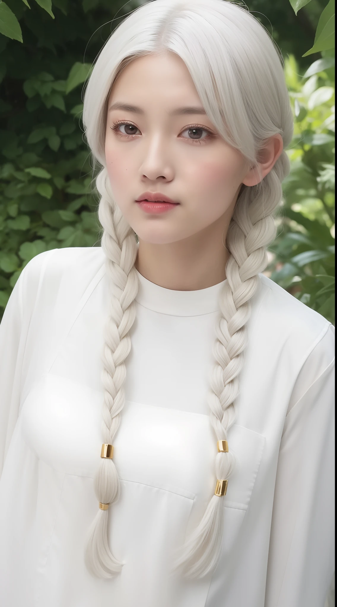 best quality, masterpiece,white hair, gold eyes,white clothes, looking up, upper body,hair strand,Fair skin,side braids